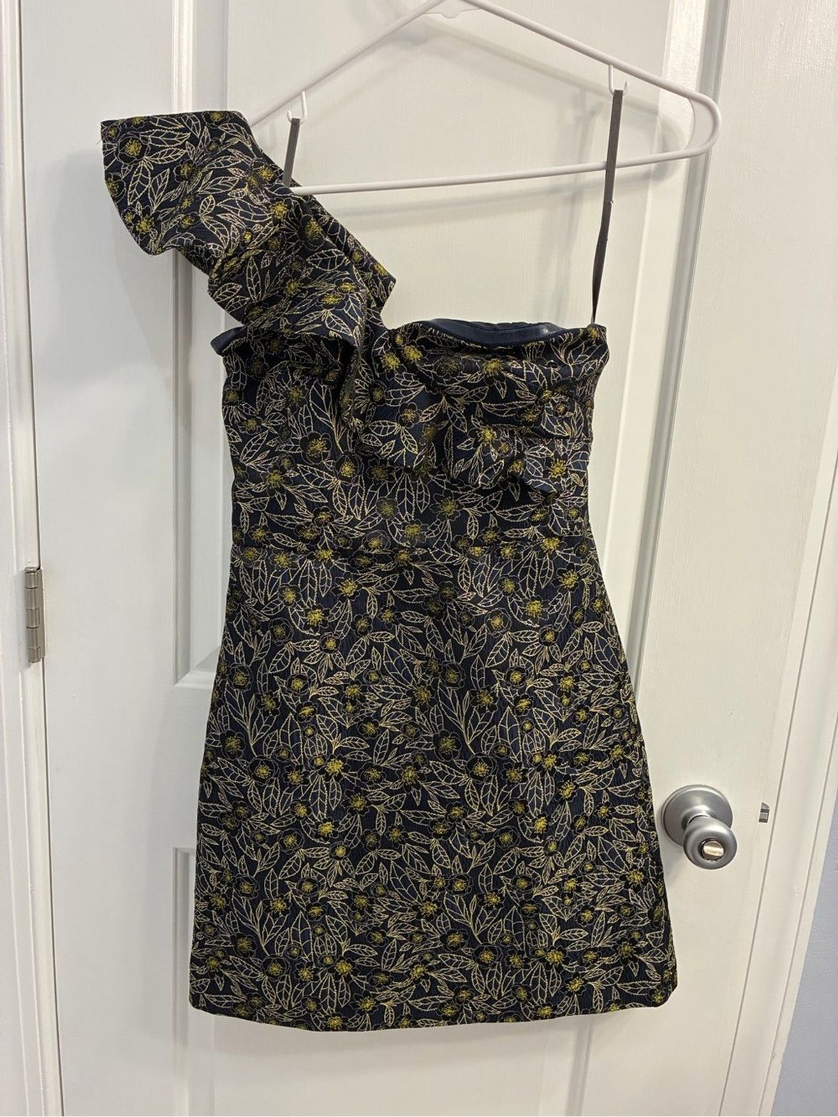 Monique Lhuillier Navy Dress with Gold Floral Jacquard
