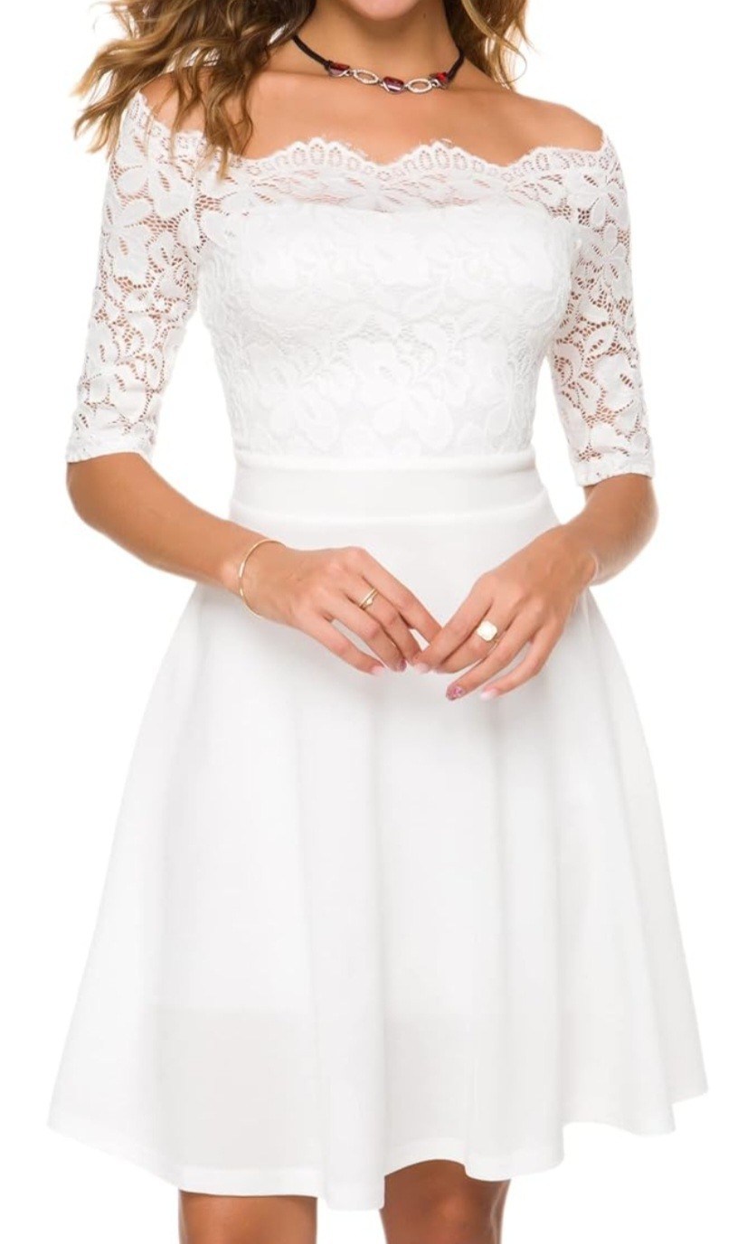 Athlewhi White Floral Lace Off Shoulder A-Line Knee Length Dress Size M (NEW)