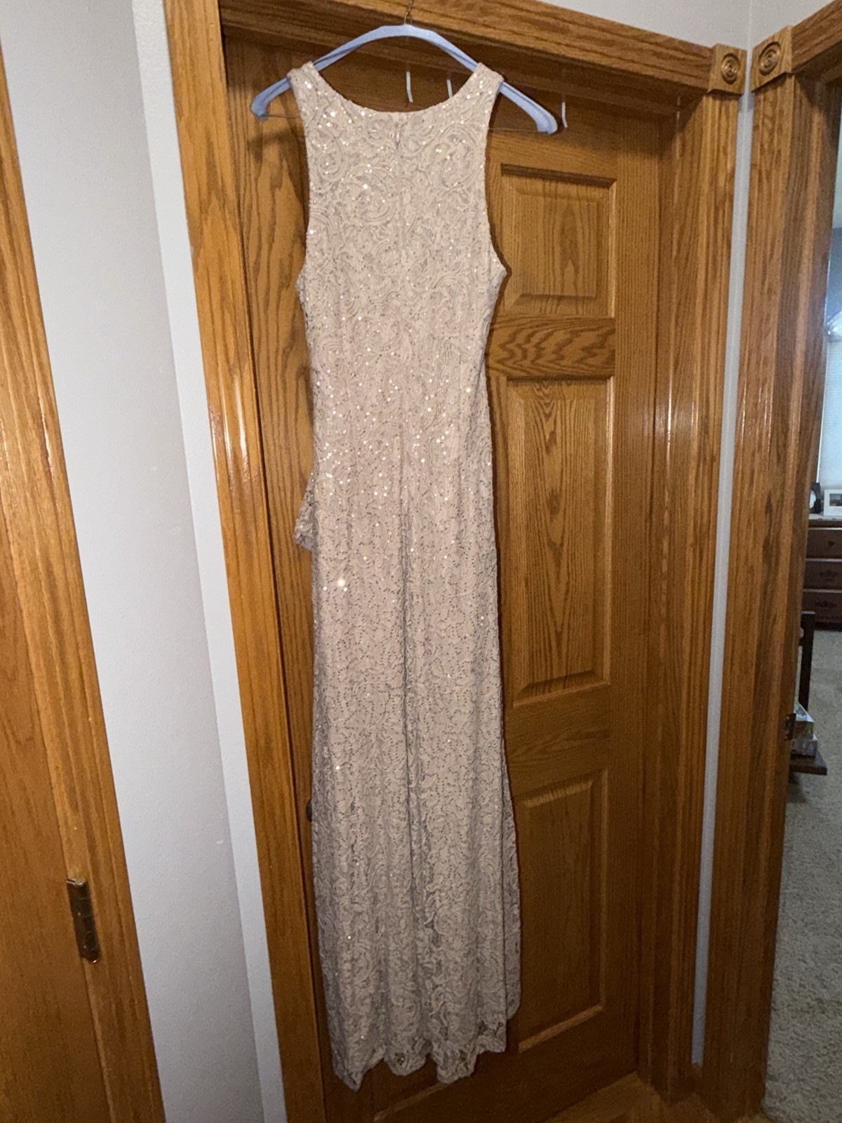 NEW ALEX EVENINGS Buff SEQUIN LACE Cascading Ruffle RUCHED Slit EVENING GOWN 8