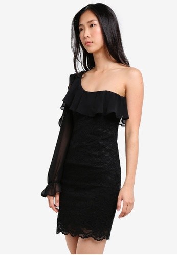 BARDOT Black Fiorella One Cold Shoulder Sleeve Lace Ruffle Cocktail Dress 8 = M