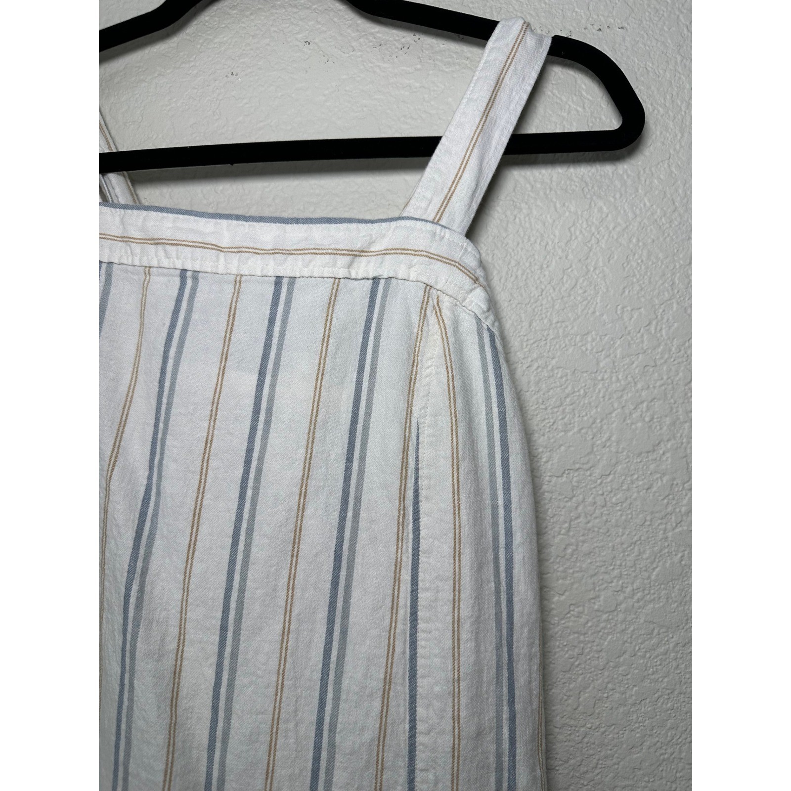 Madewell Striped Linen Blend Button Strap Midi Dress White Blue Tan Large