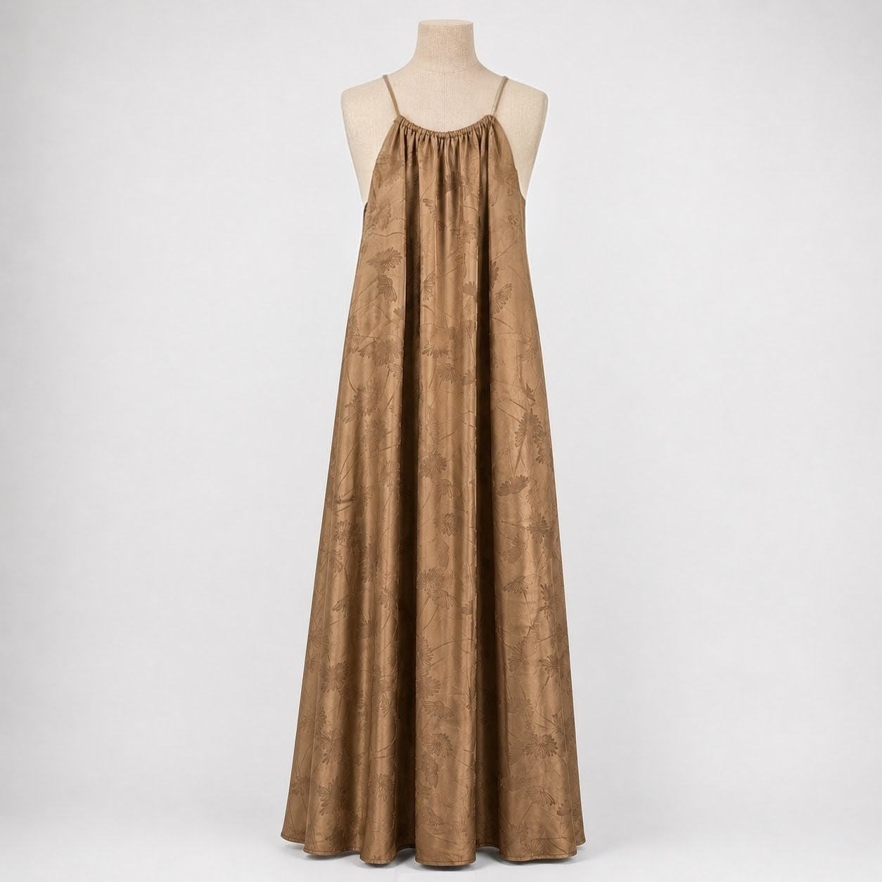 Floral Jacquard Satin Halter Maxi Dress Sz L Brown Open Back Daisy Fairy Earthy