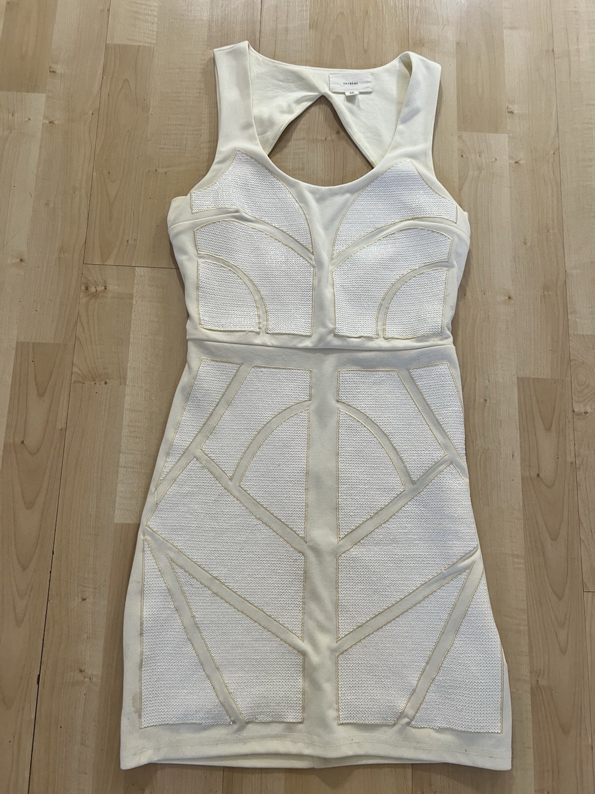 En Creme Sleeveless Cutout Sequin Bodycon Dress Womens Small Stretch White Cream