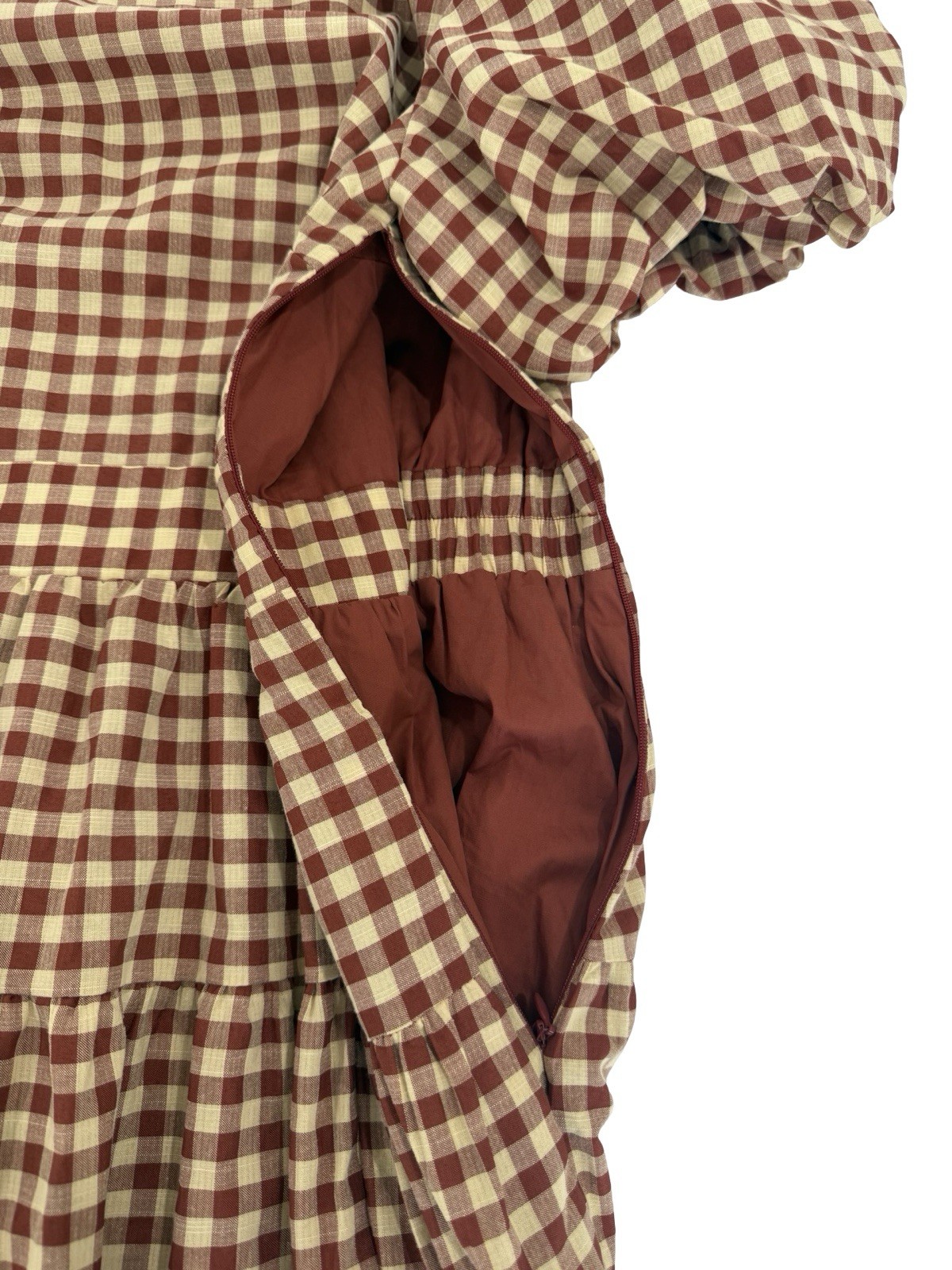 En Saison Brown/White Gingham Square Neck Puff Sleeve Midi Dress Pockets Sz S