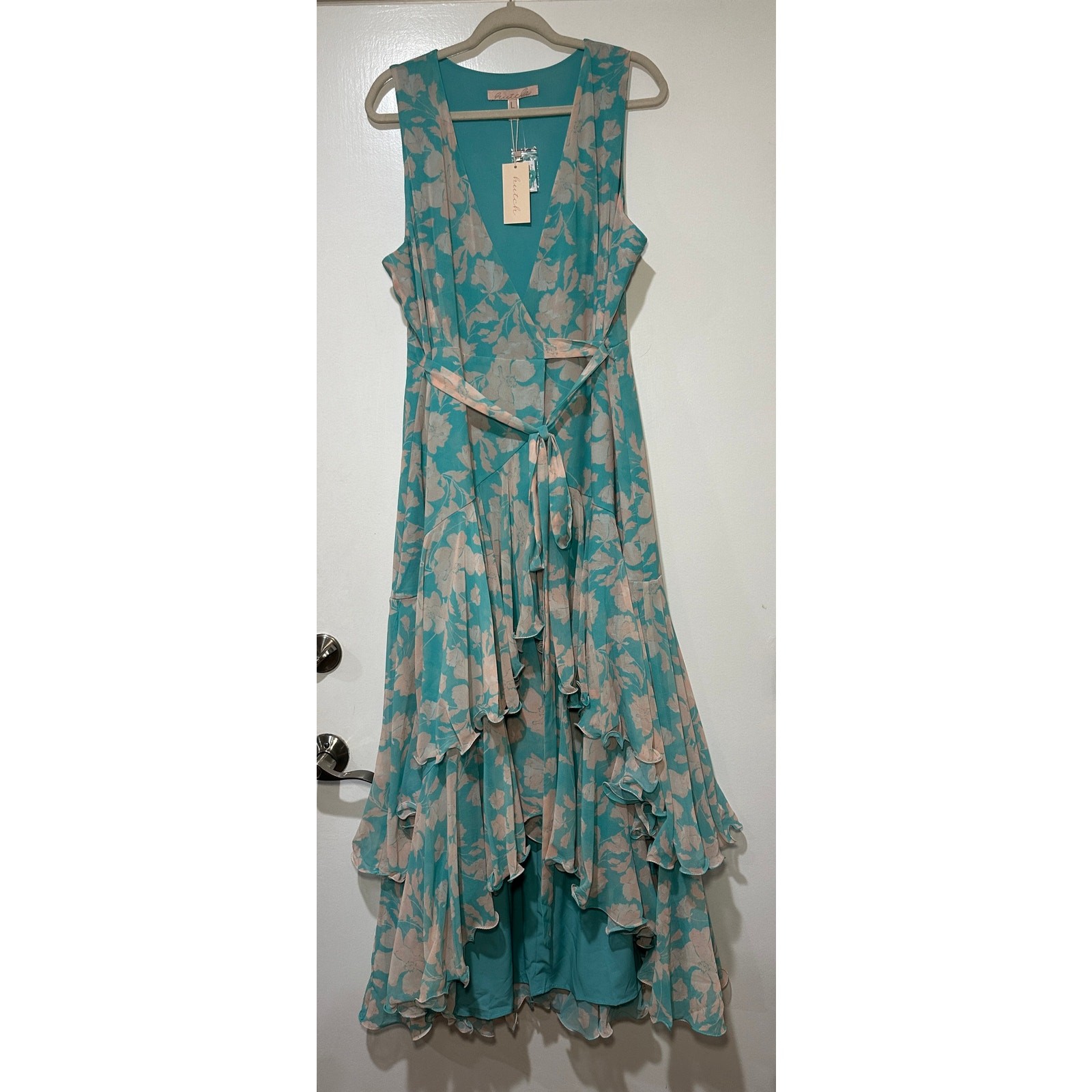Hutch Trinity Ruffled Chiffon Wrap Maxi Dress Teal Floral Size Large NWT Wedding