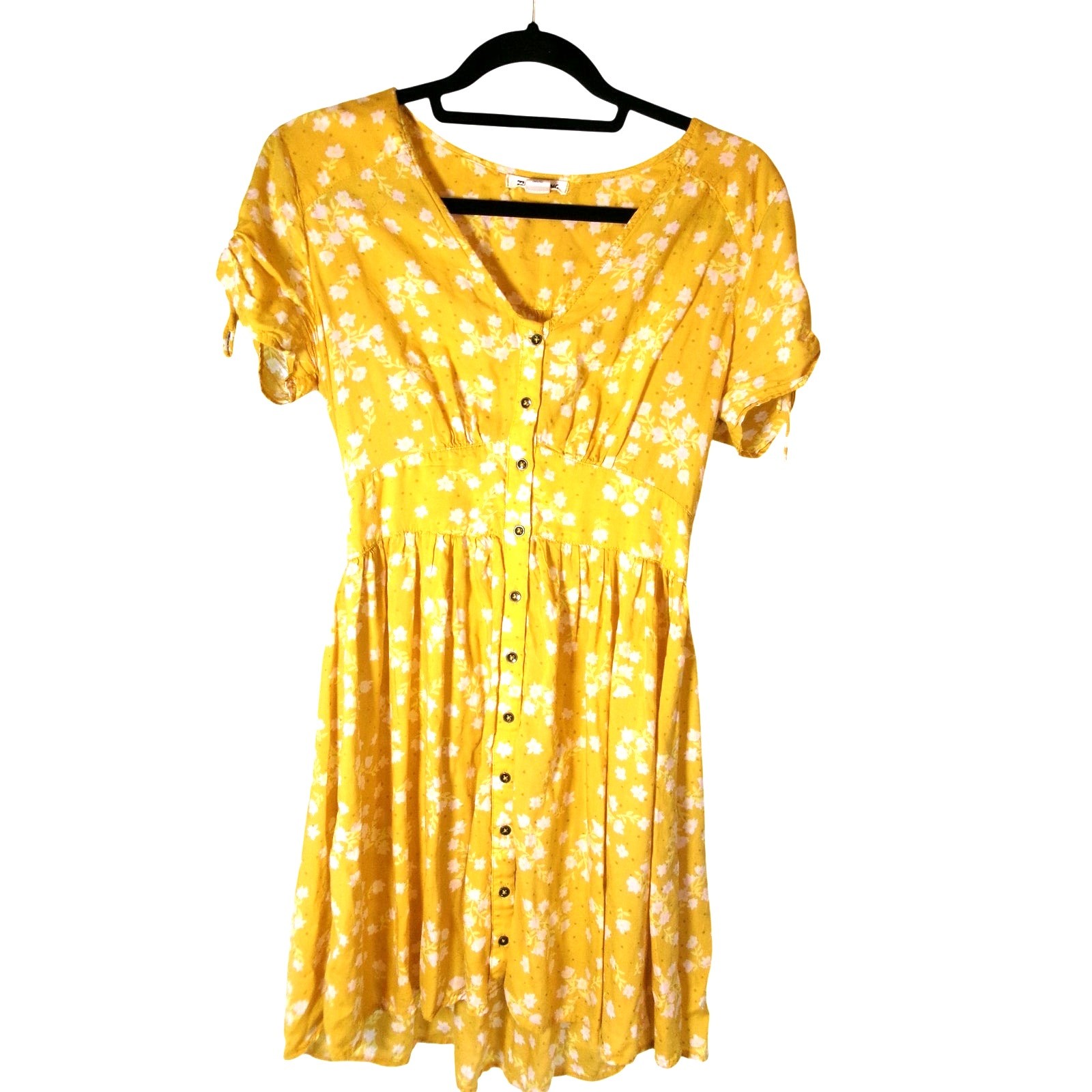 Billabong Twirl Twist Yellow Floral Button Front Mini Dress Women’s M