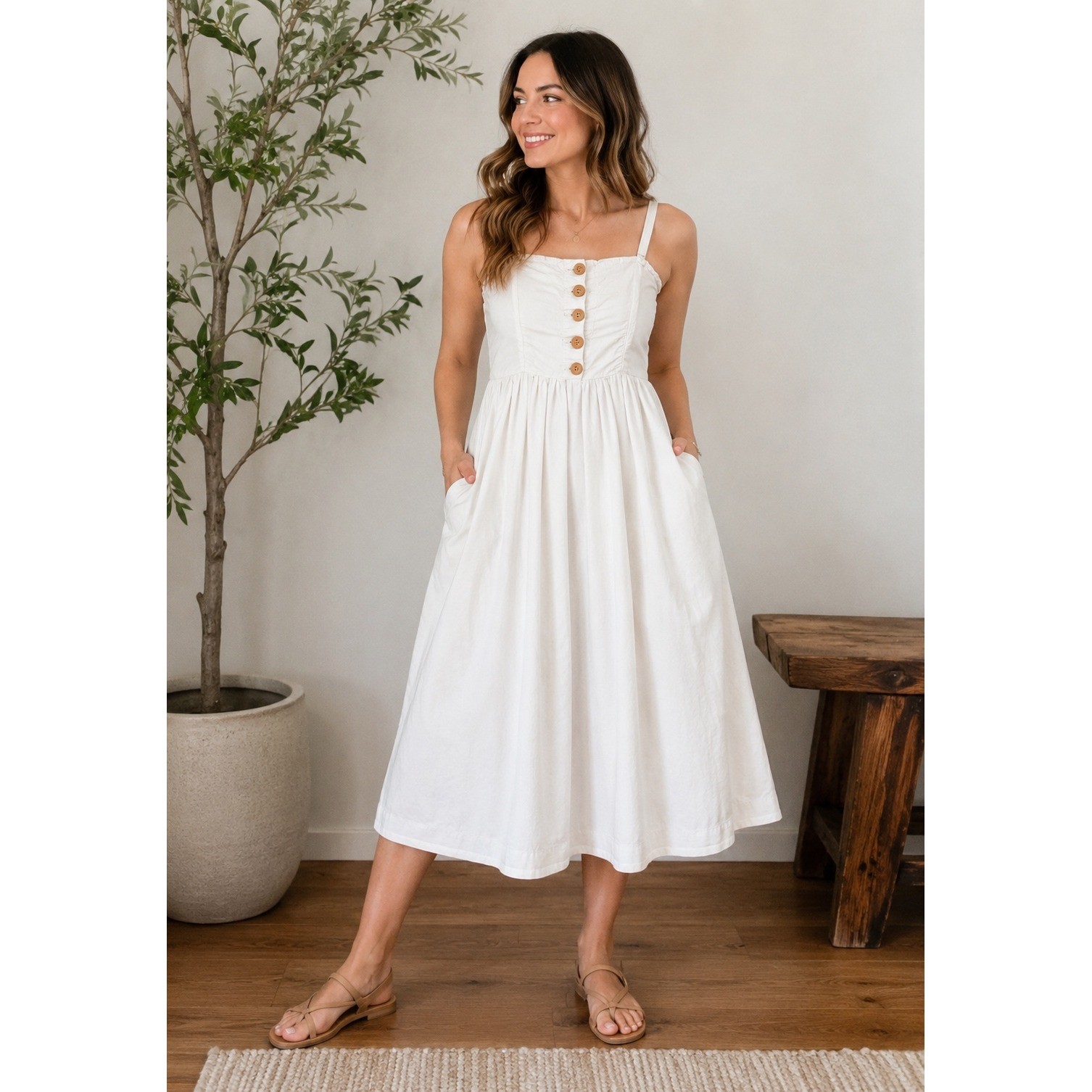 Free People White Cotton Midi Dress Smocked Back Button Front Pockets Small