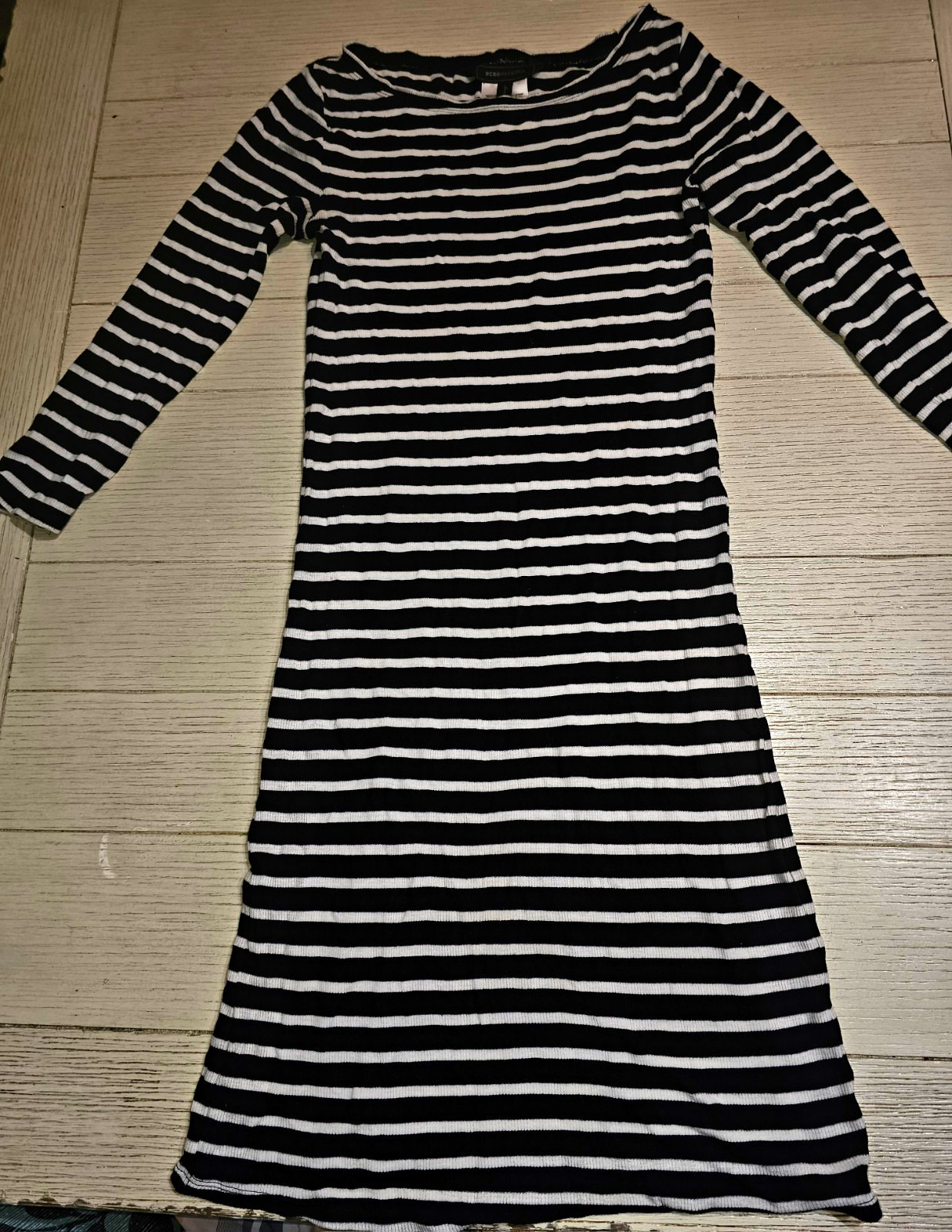 BCBGMAXAZRIA Black/White Striped Knit Sheath Boat Neck Midi Stretch S