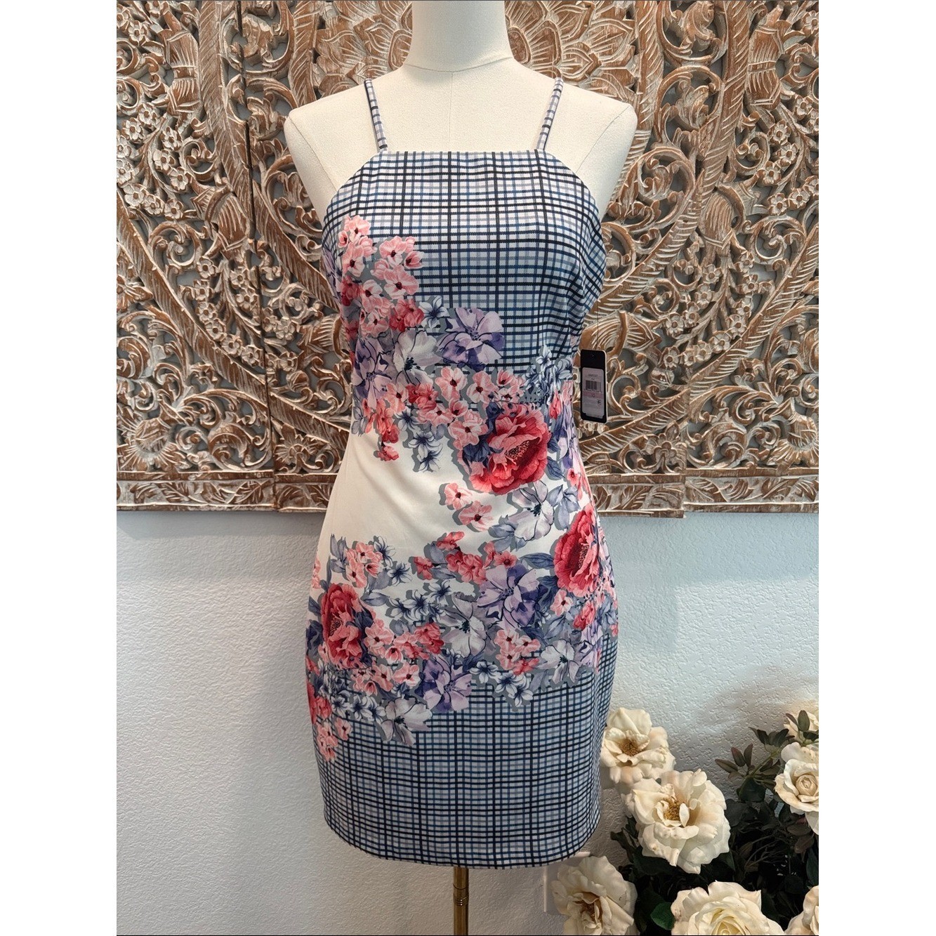 Guess Bodycon Mini Dress Floral & Gingham, Spaghetti Straps- size 10