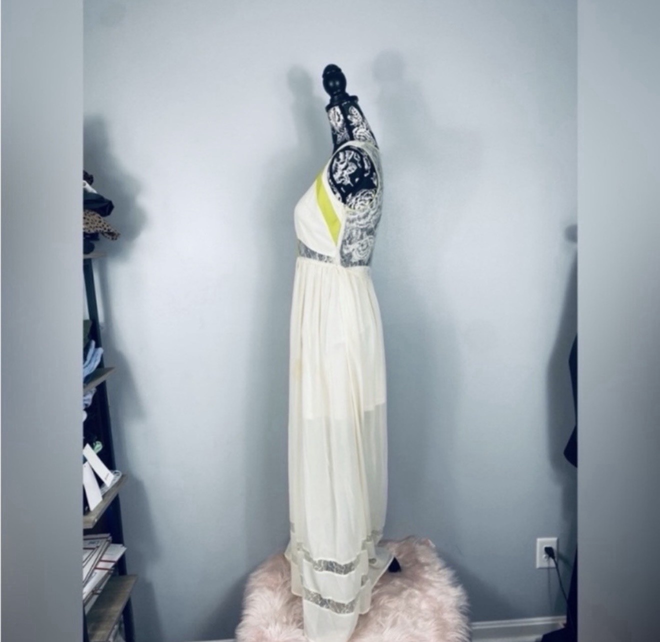 Aniina floor length cream/green trim lace dress size medium
