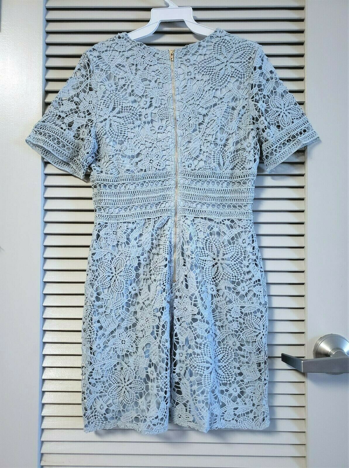 She + Sky Women Crochet Lace Lined Dress, Short Sleeve, Size S, Light Blue