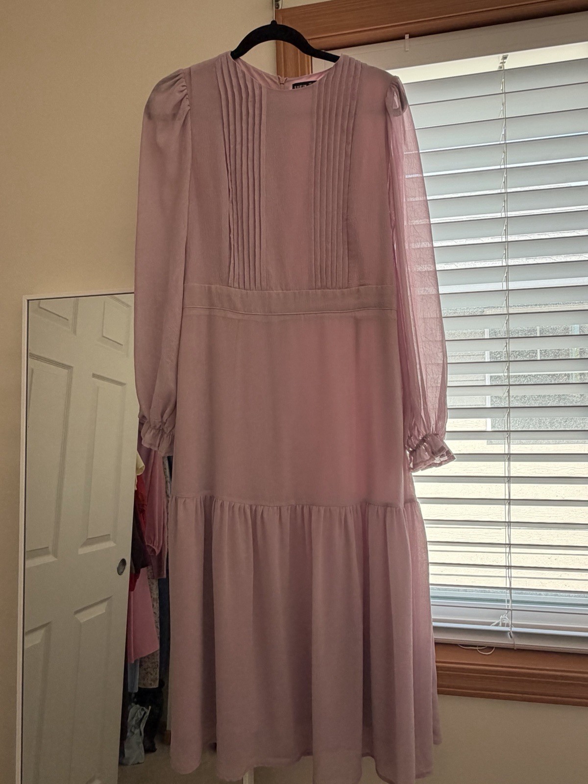 Pink Chiffon Pleated Ruffle Midi Dress M Long Balloon Sleeve Crew Neck Zip