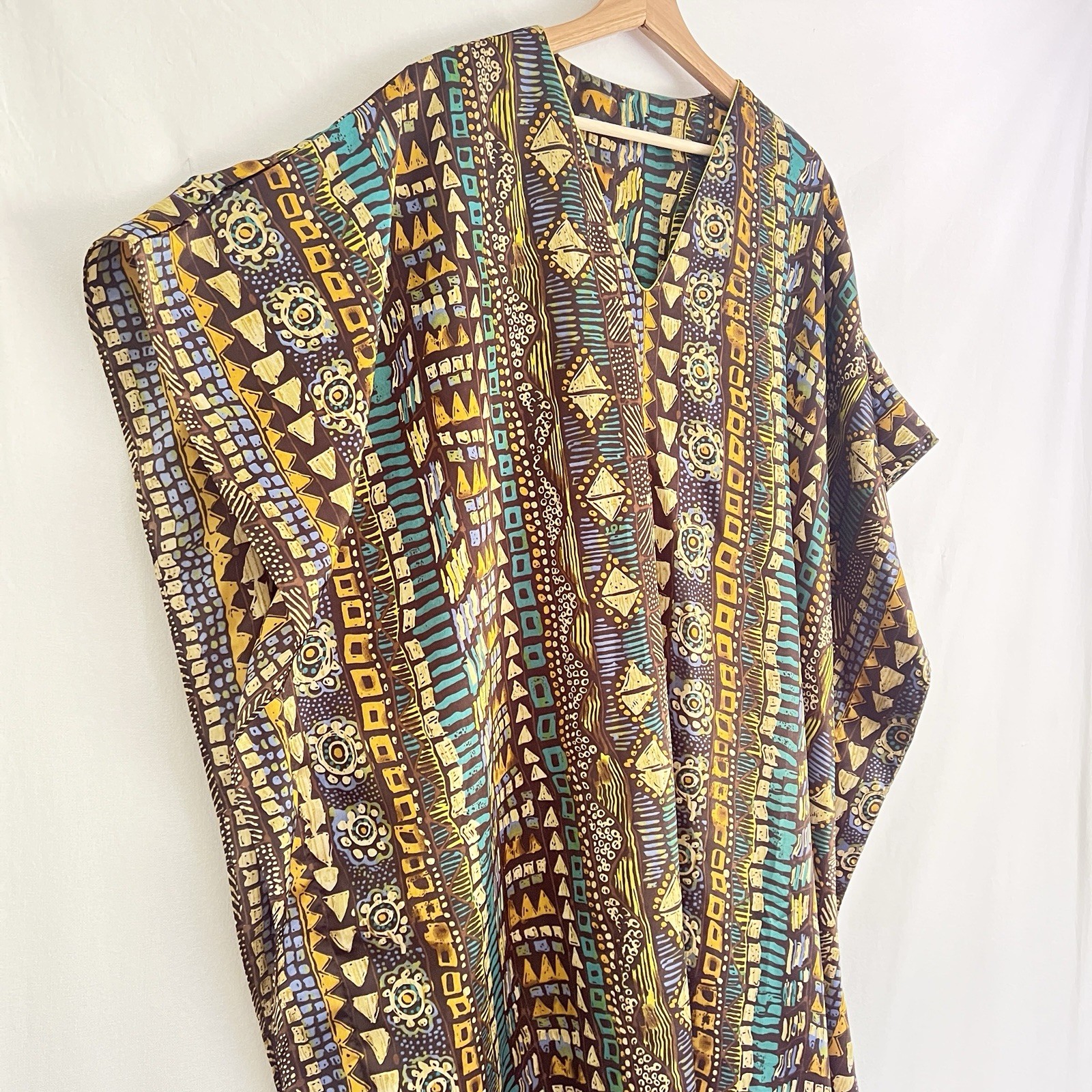70s Caftan Vibrant Abstract Print Boho Resort Statement Maxi Dress M Turquoise