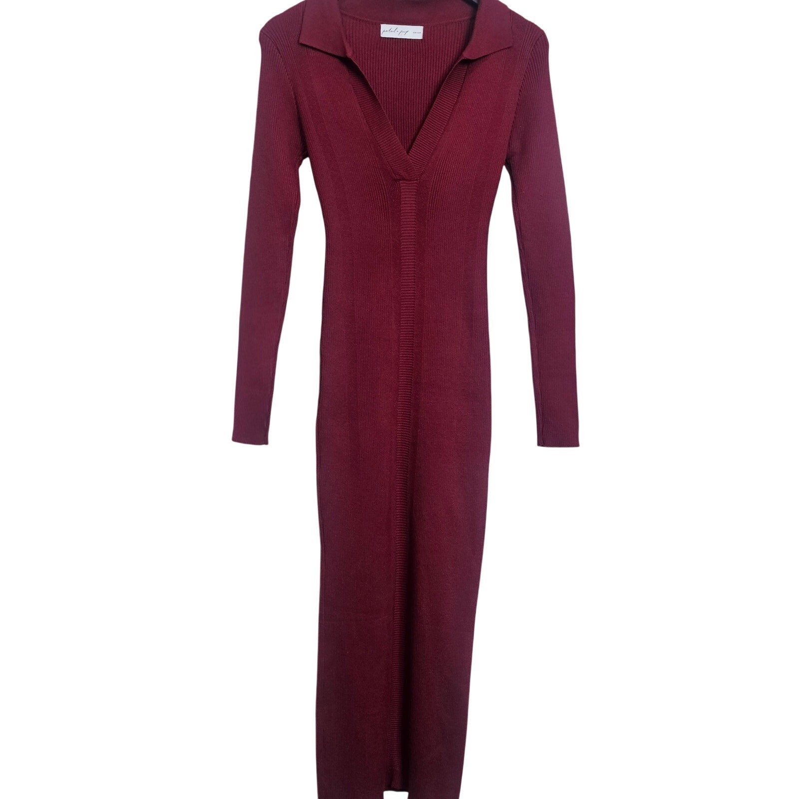 Petal & Pup Sweater Dress Size M Burgundy Ribbed Knit Maxi Collared Long Sleeve
