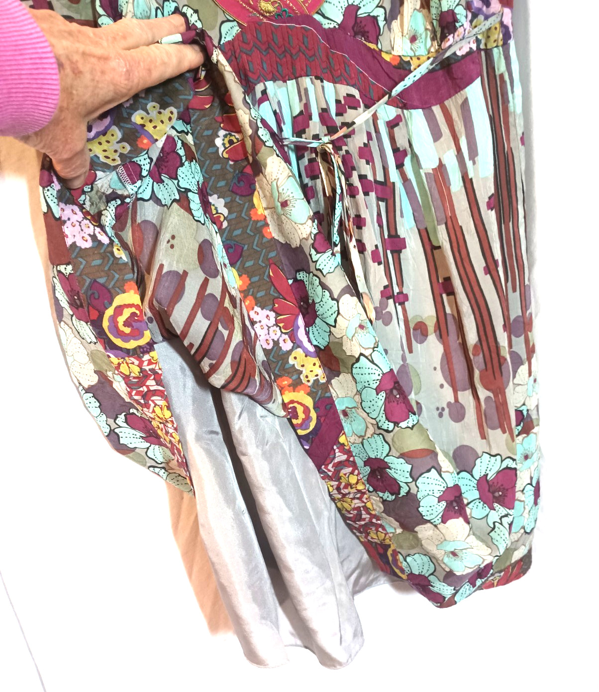 Johnny Was sundress, L, teal and purple, rayon/silk. DS07