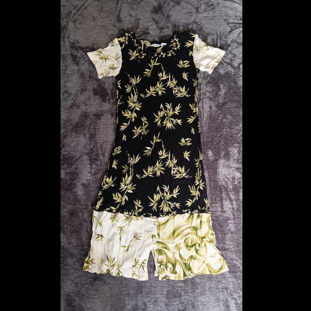 Vintage CASUAL STUDIO Black/GreenFloral Linen Dress Square Neck Short Sleeve M