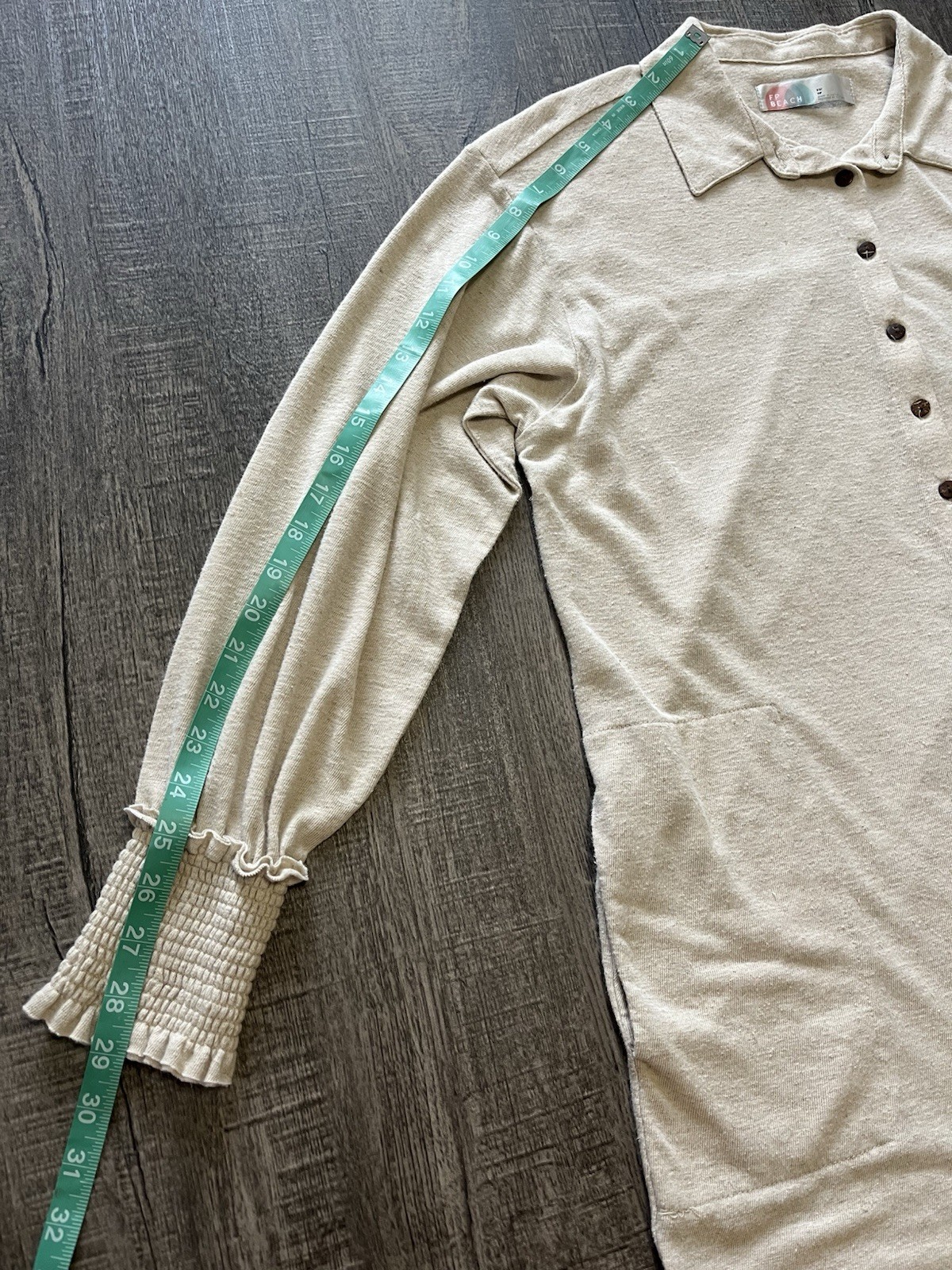 Free People Beach Linen Blend Smocked Cuff Button Down Shirt Dress Oatmeal XS