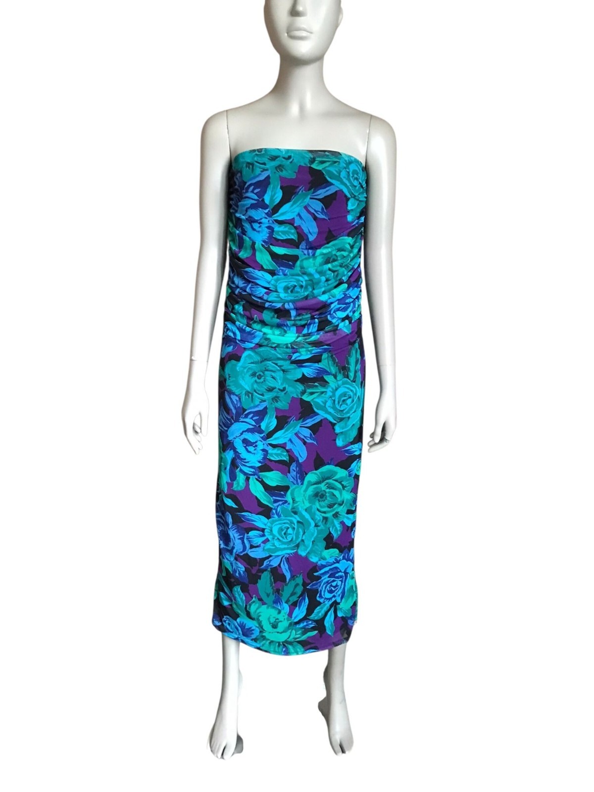 AFRM Blue, Purple and Black Flower Strapless Dress