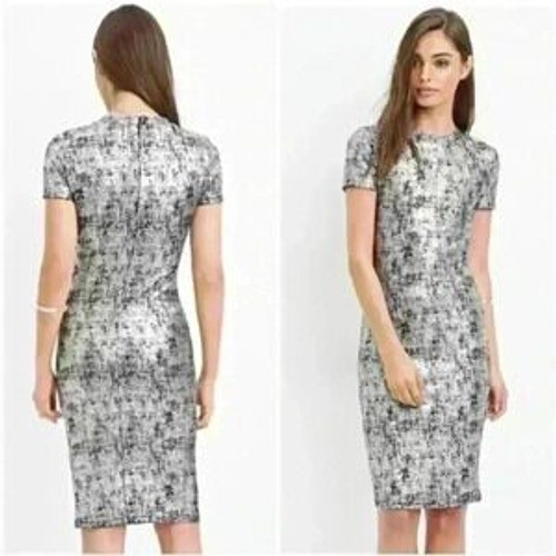 Forever 21 Dress Womens Large Sheath Silver Black Metallic Short Sleeve BodyCon