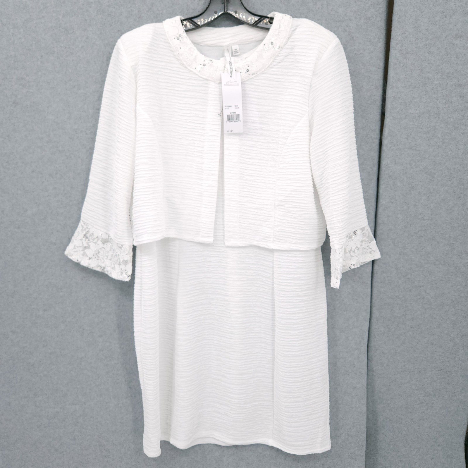 NY Collection Two Piece Novelty Knit Lace White Dress Set Womens Size 16P NWT