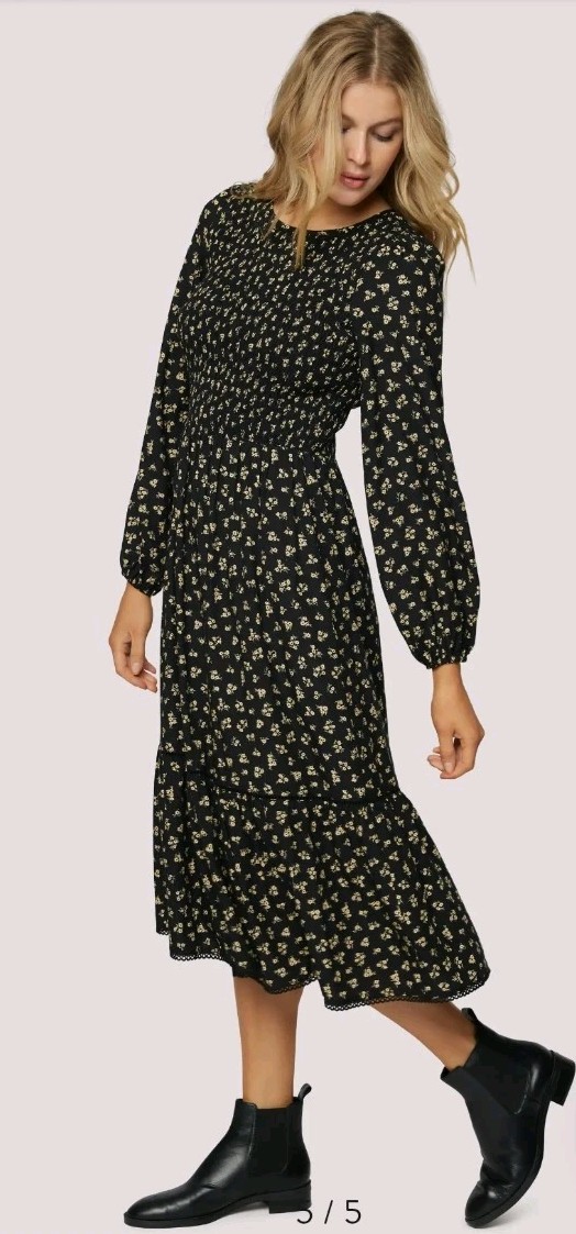 Lost + Wander Twilight DreamsDress Black Floral Smocked Long Sleeve Midi Boho S