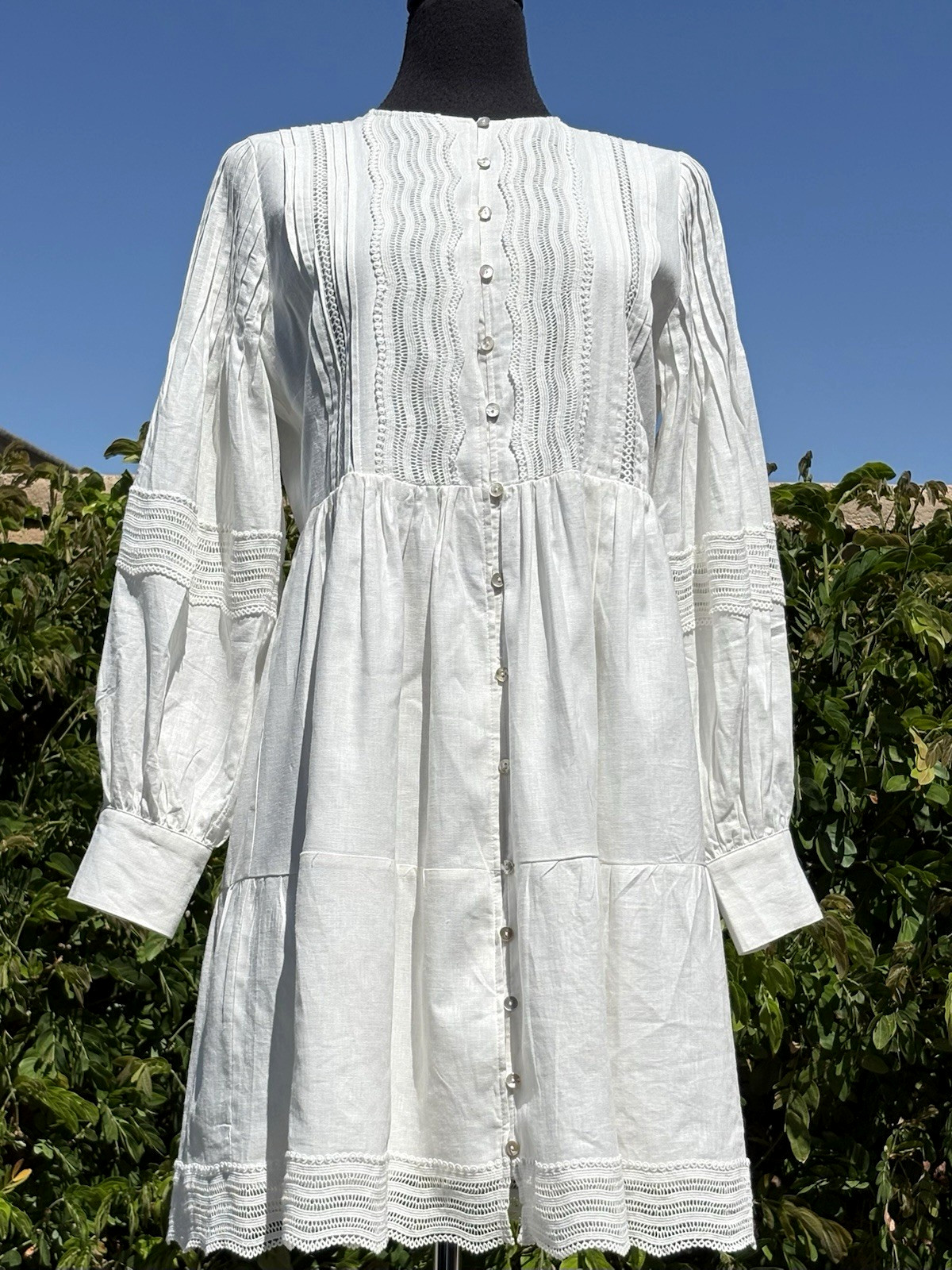 Magaschoni M Ivory Linen Long cuffed Sleeve Button-up High Waist Mini Dress-NWT