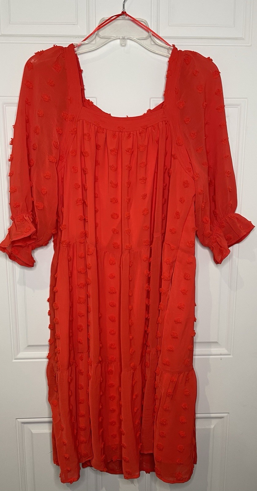 Betsey’s Boutique Shop Medium Coral Red Textured Dot Tiered Half Sleeve Dress
