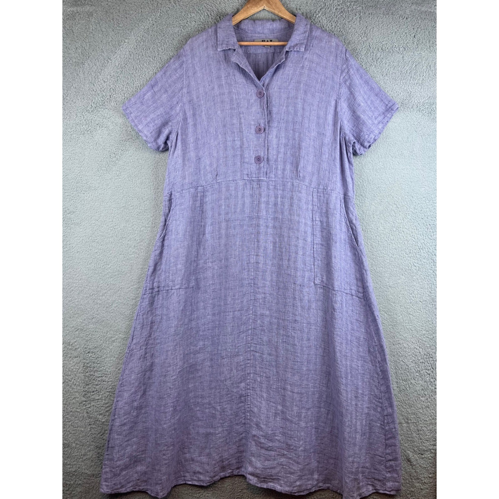 FLAX Lavender Purple 100% Linen Short Sleeve Button Front Midi Pocket Dress L