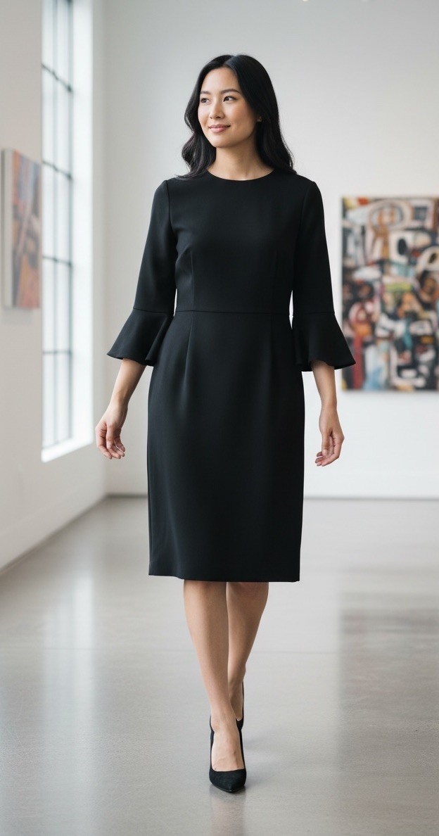 Donna Morgan Black Sheath Round Neck 3/4 Bell Sleeve Ruffle Hem Dress 2