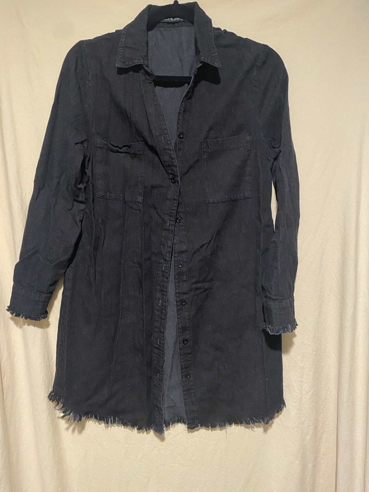 Zilcremo Black Denim Shirt Dress Long Sleeve Frayed Hem Button Down Women’s XL