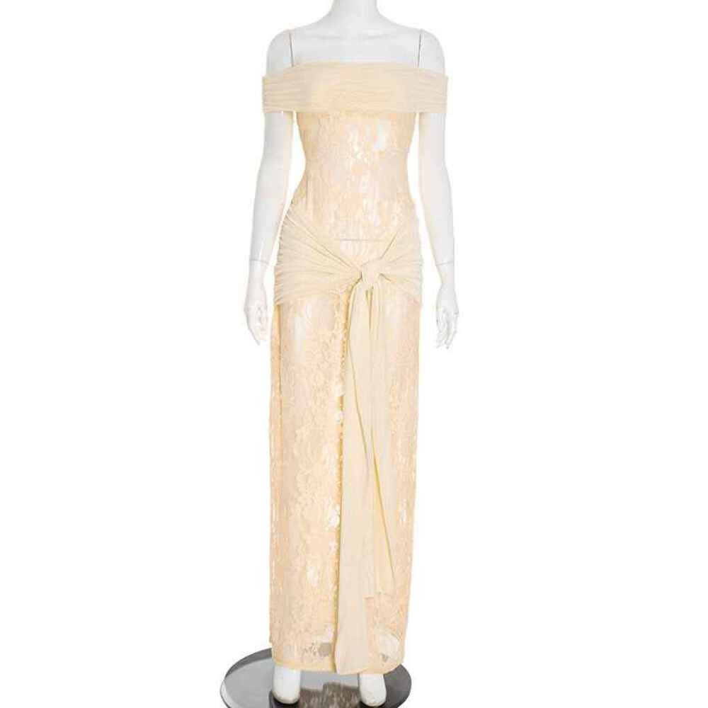 Sheer Mesh and Lace Maxi Dress – Sleeveless Off-Shoulder