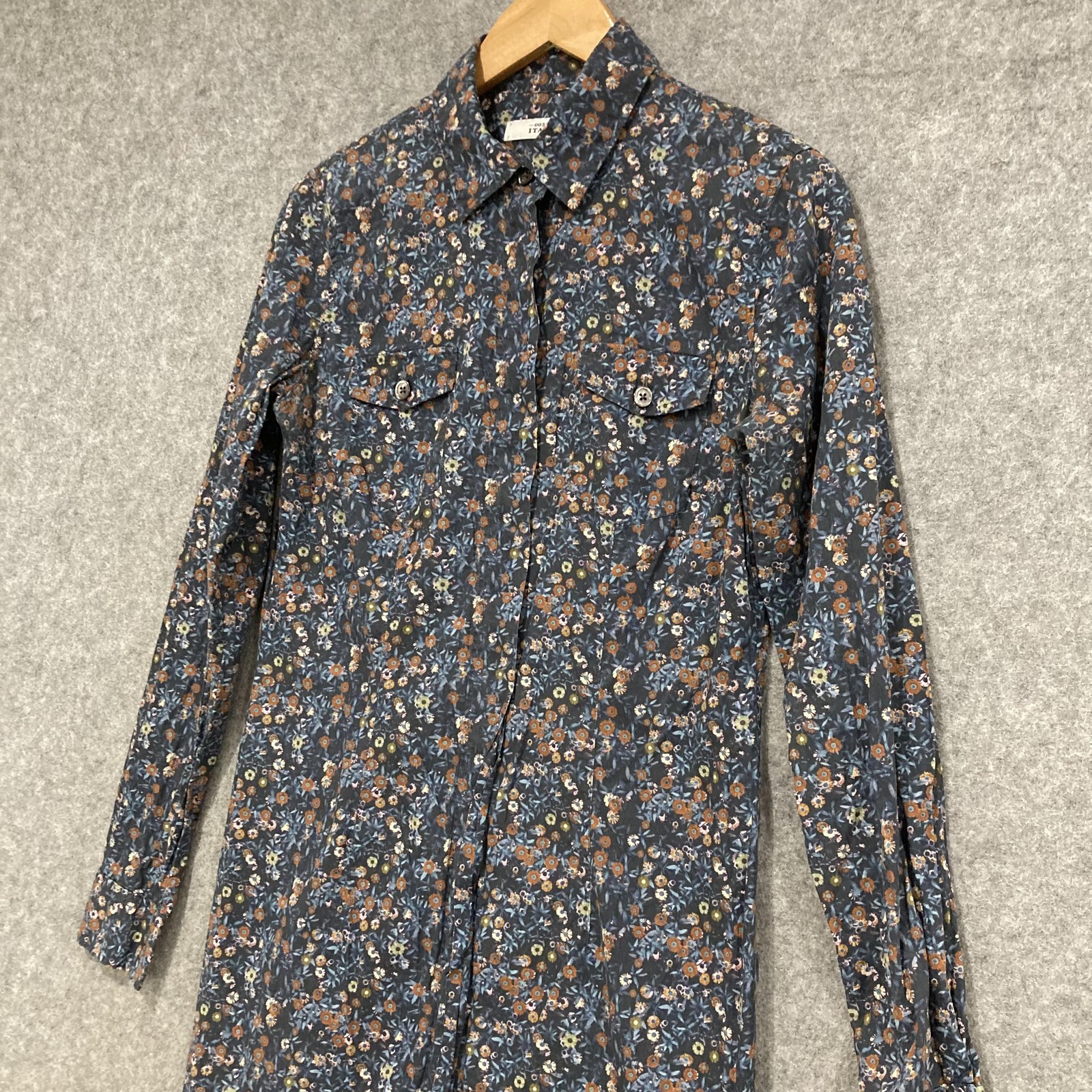 0039 Italy Dress Womens M Multicolour Floral Shirt Knee Long Sleeve Cotton