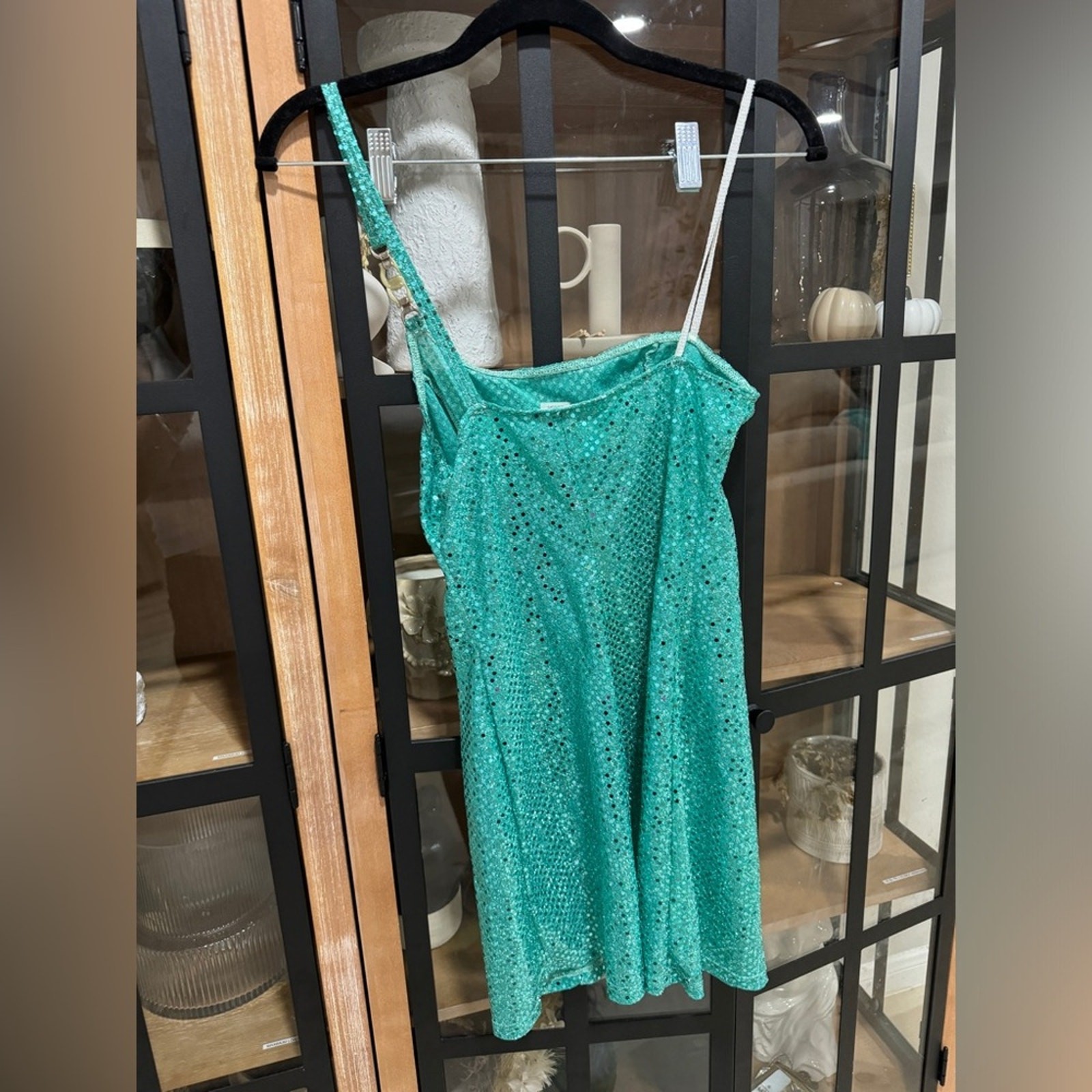 Vintage Y2K Turquoise Sequin One Shoulder Mini Dress Mona V Party 1990s