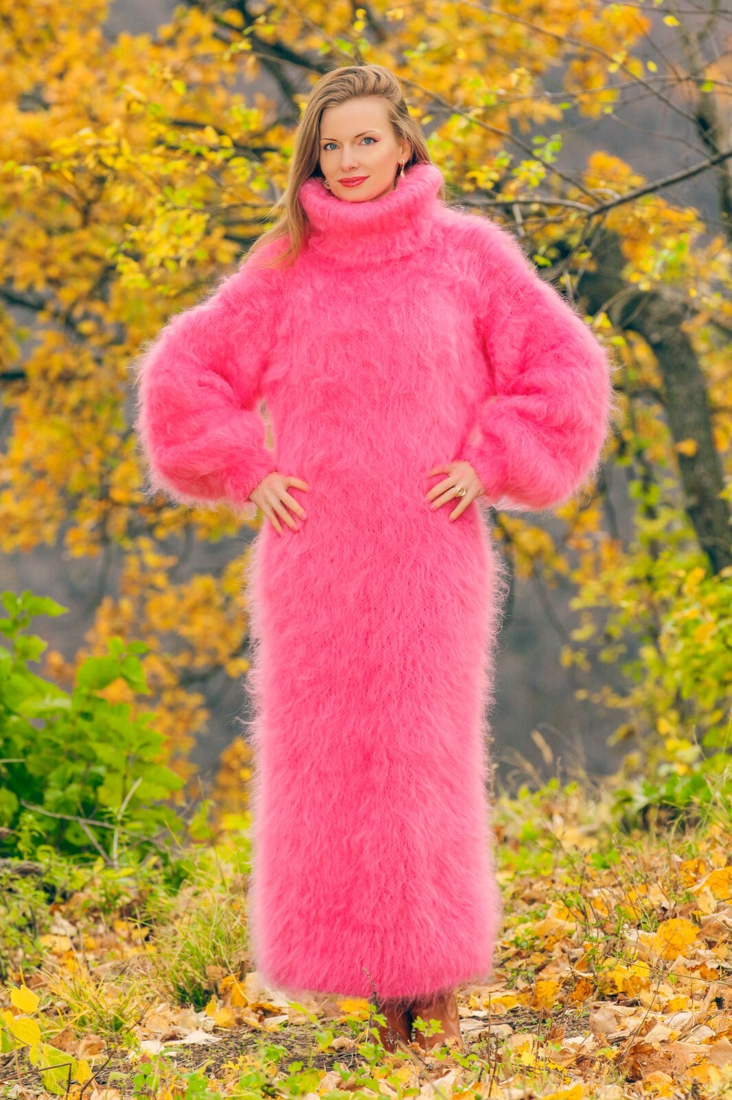 Fuzzy pink long mohair dress designer warm fluffy hand knit gown SuperTanya L-XL