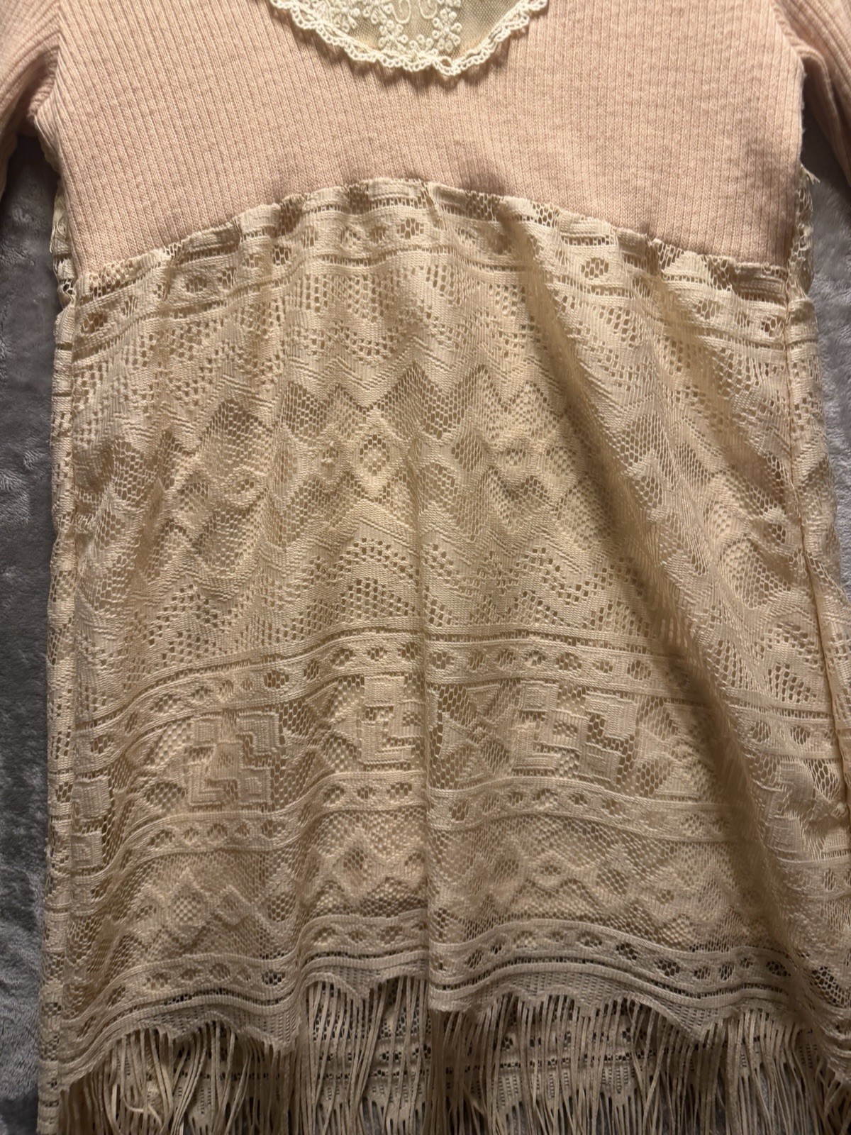 Scully Dress Womens S Beige Western Fringe Boho Crochet Lace Tunic Tribal Lined