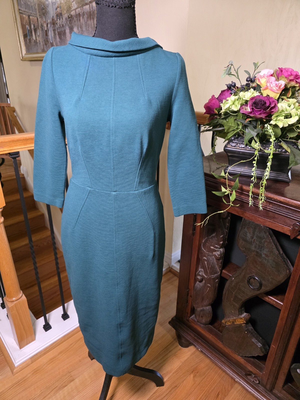 Boden Textured Teal Green Portrait Collar Midi Sheath Dress Gold Back Zip 3/4 Sl