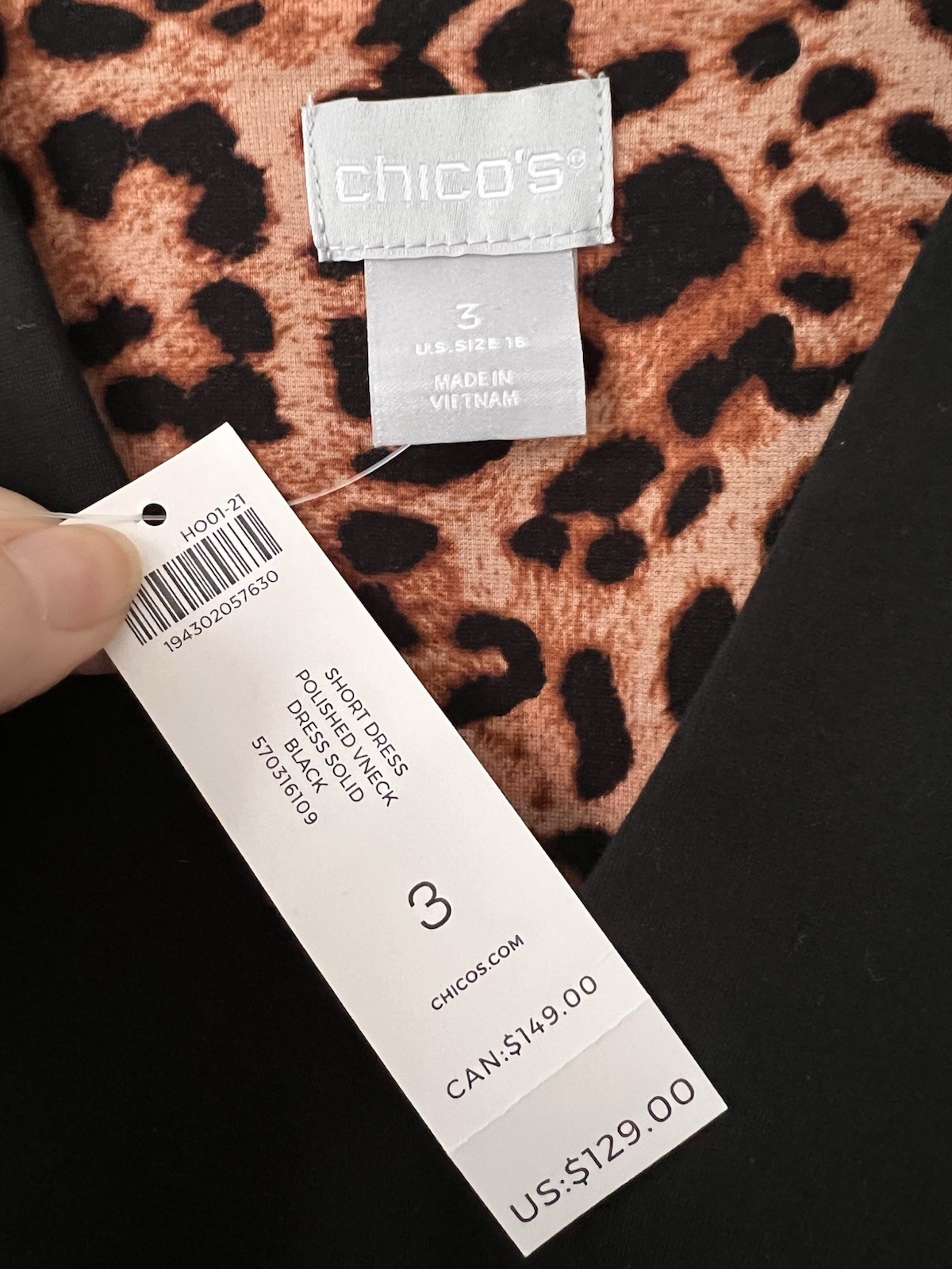 Chico’s Size 3 (XL-16) True Black V-Neck Long Sleeve Dress NEW W/Tag ($129)