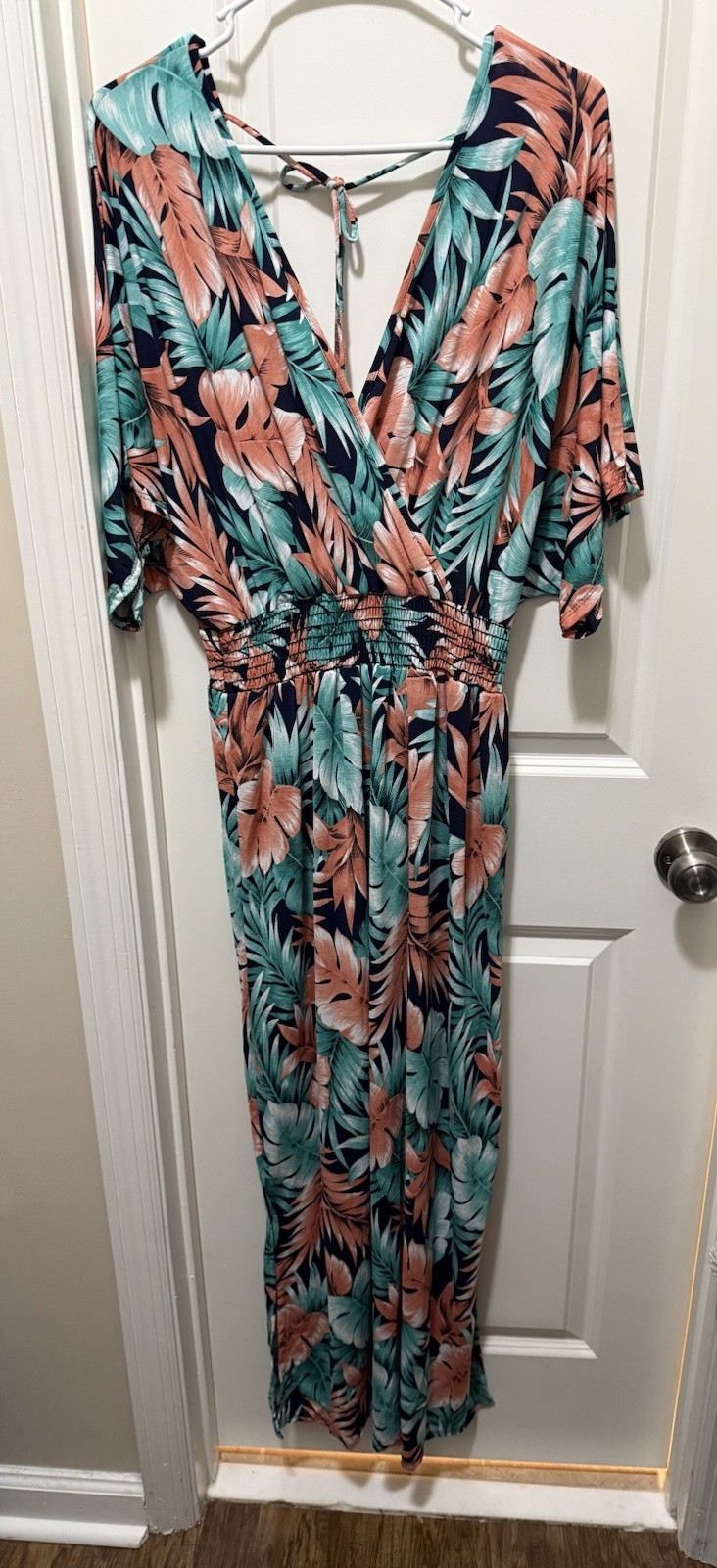 Self Women’s L Multicolor Tropical Floral V-Neck Wide-Leg Jumpsuit Stretch
