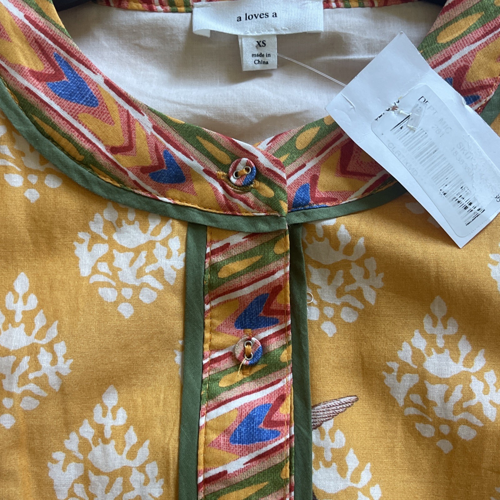 A Loves A Border Print Mandarin Collar Maxi Dress Sz XS Boho Hummingbird Bird
