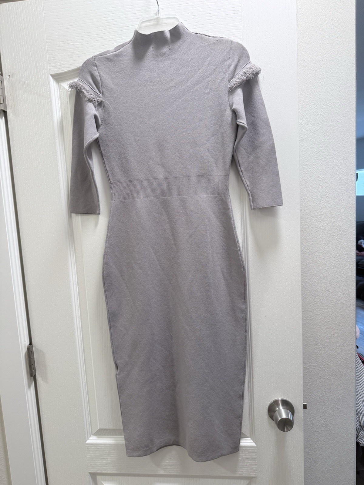 eva mendes for New York & Company Gray Midi Bodycon Dress with Fringe Yoke