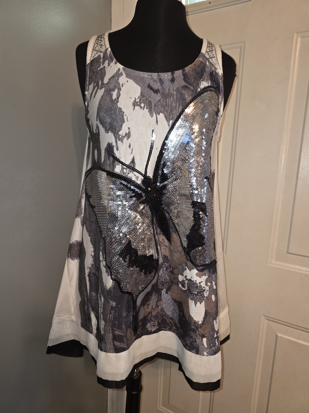 Vtg Y2K Fleur De Lis Sequined Butterfly Tank Dress Silver Black Blouse Size L