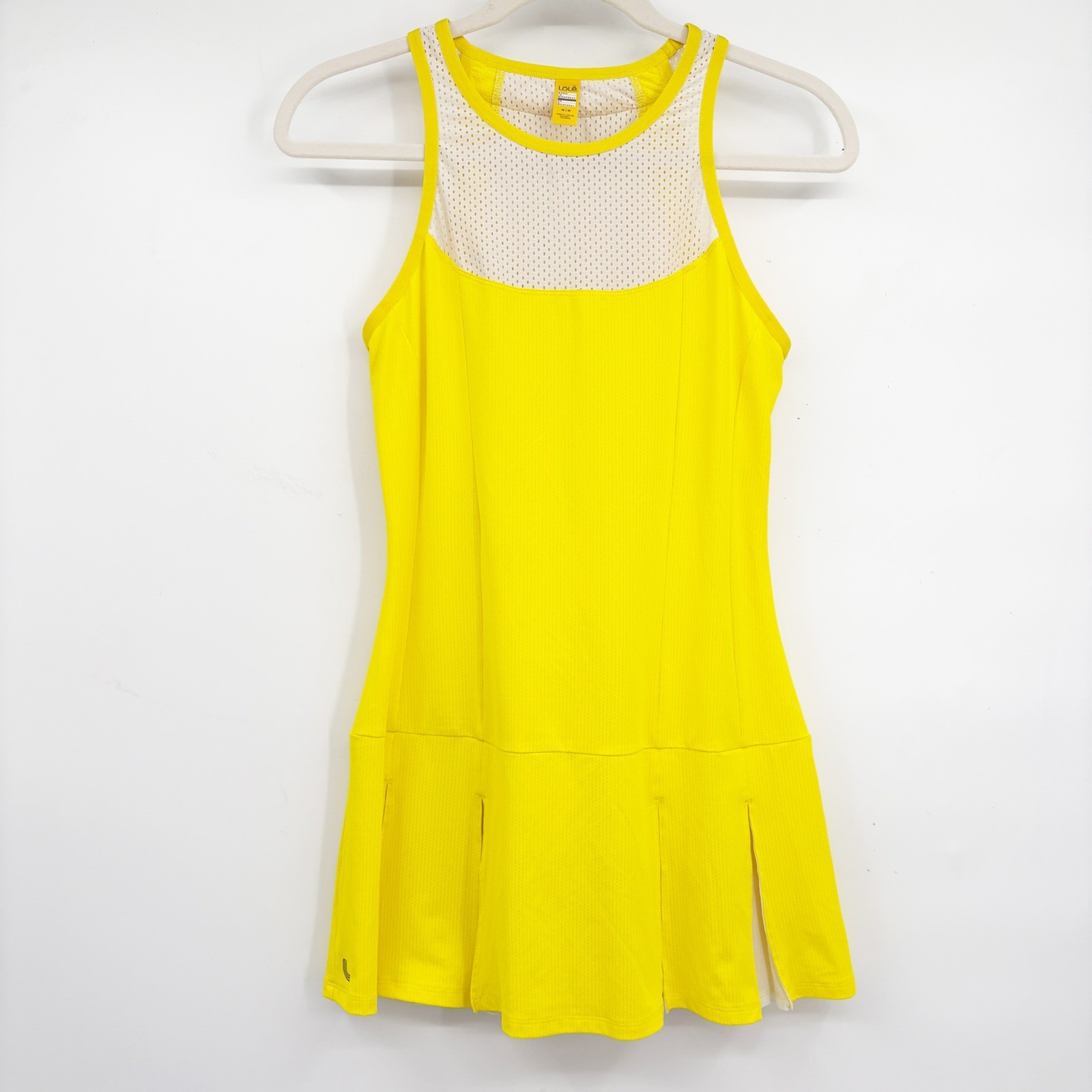 Lole Womens Mae Neon Yellow Mesh Pleated Sporty Tennis Pickleball Dress Size M