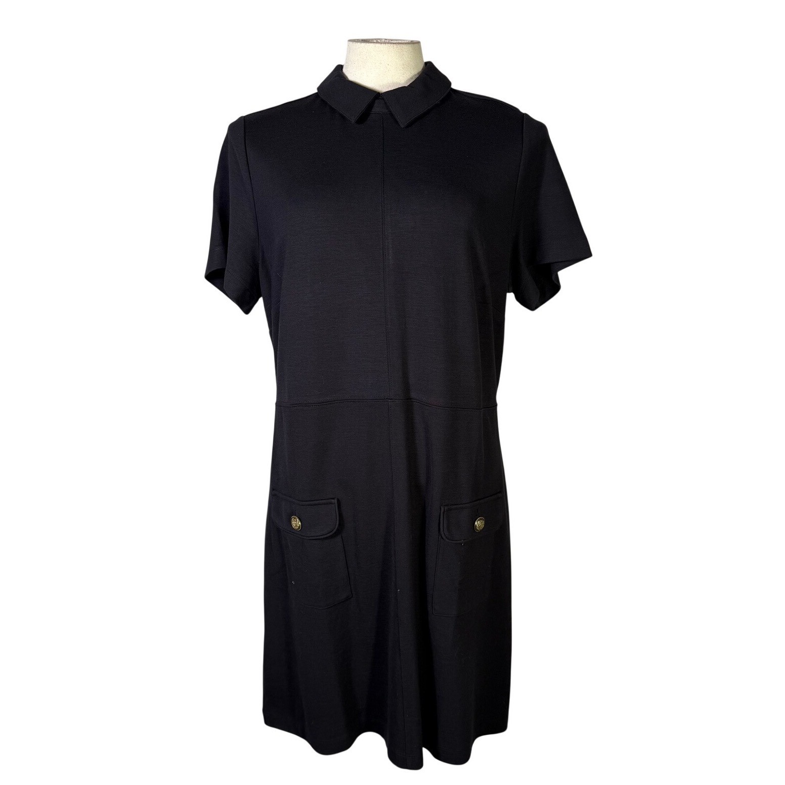 LOFT Black Collared Short Sleeve Pocket Shift Dress Gold Crest Buttons XLP FA23