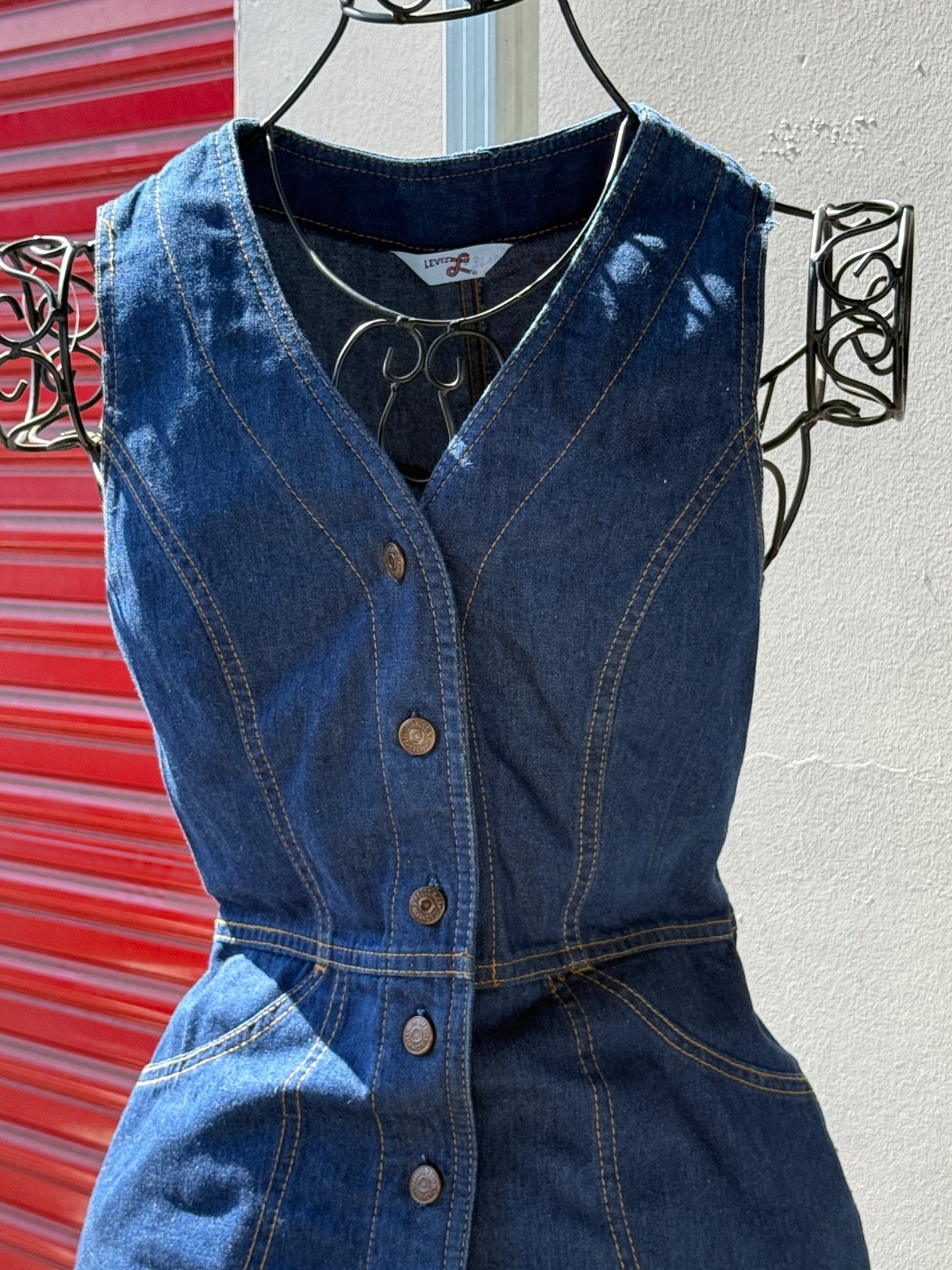 Vintage 70s Levis Denim Sundress Fitted Button Front Dress Brass Buckle In Back