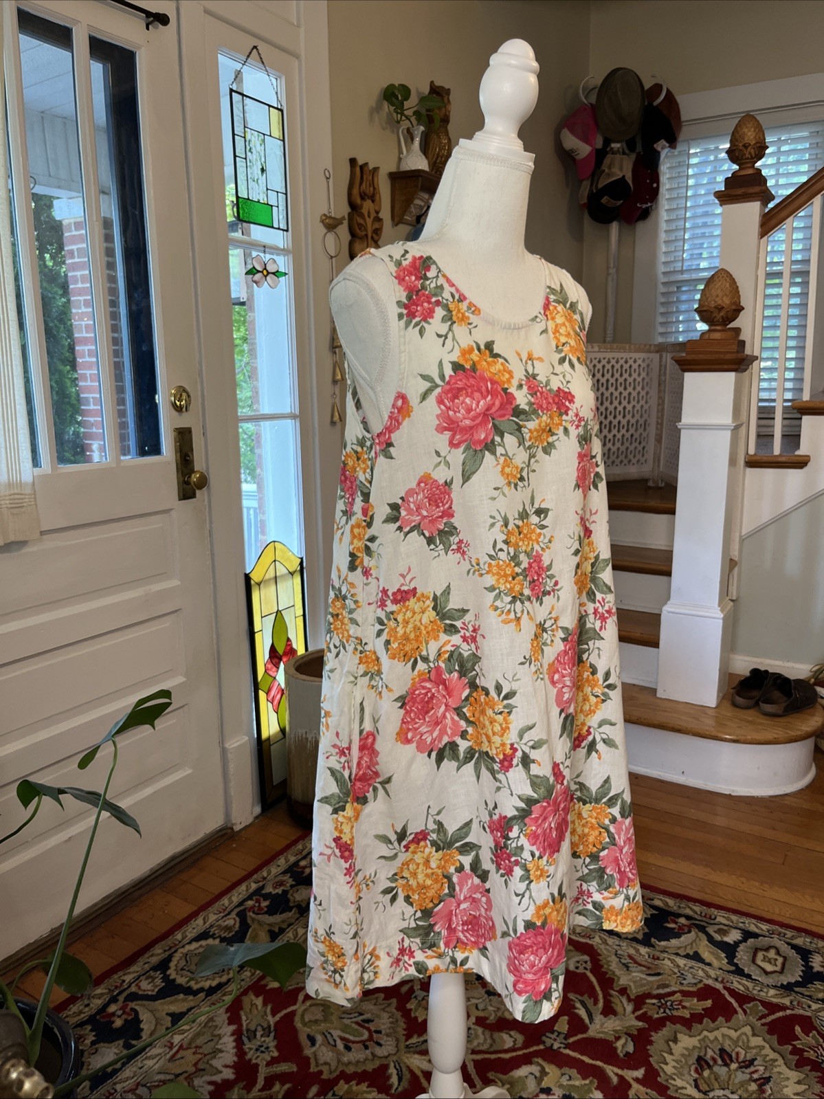Cynthia Rowley S Floral 100% Linen Sleeveless Tank Cottage Dress Boho Summer