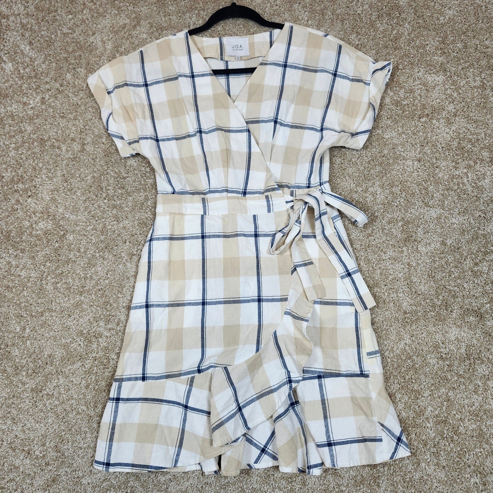 JOA Wrap Dress Tan Navy Blue Plaid Ruffle Hem Preppy Size M