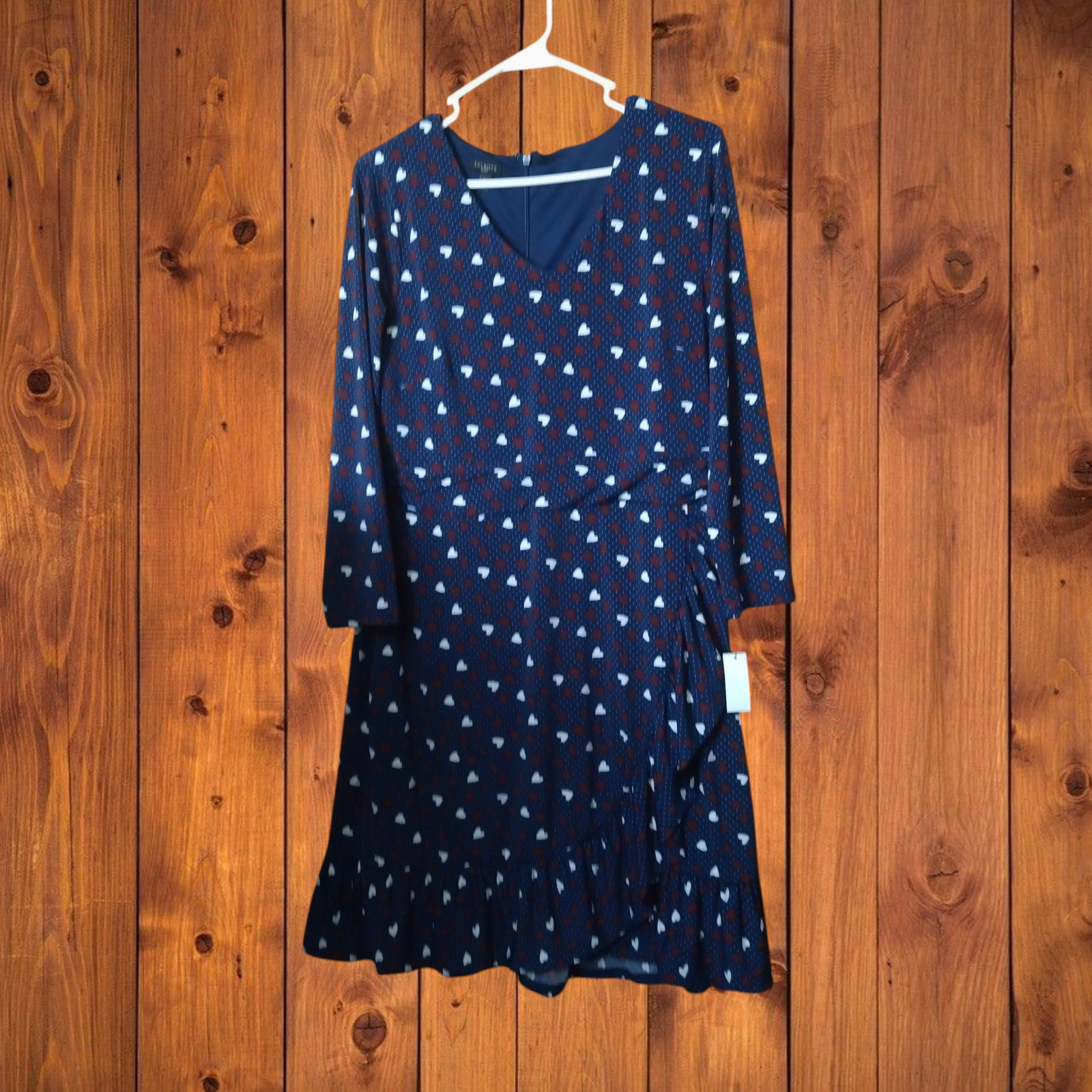 Talbots Women’s Size 16P Long Sleeve Heart Print Faux Wrap Ruffle Dress New