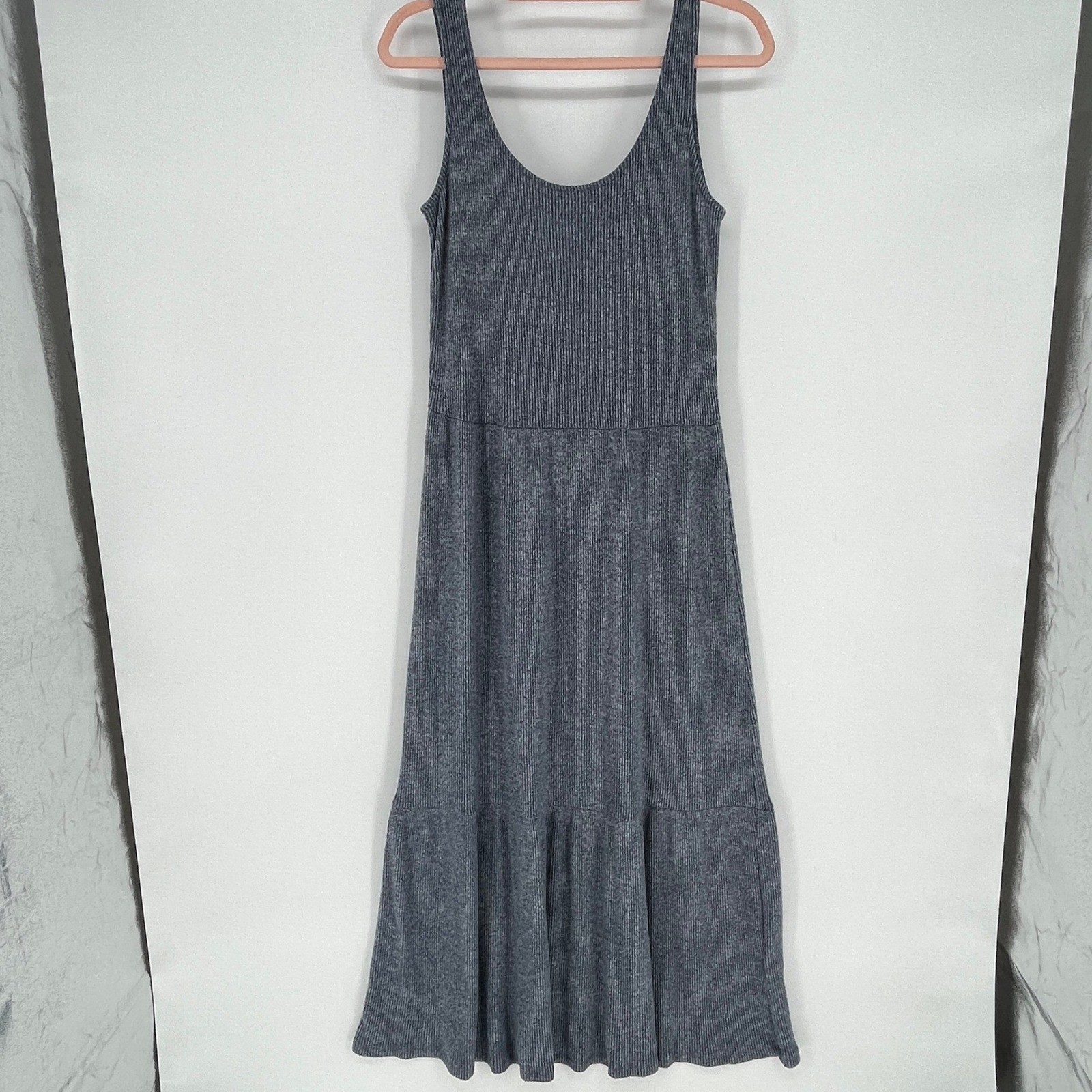Daily Ritual Ribbed Knit Sleeveless Midi Dress Gray Tiered Hem Size S