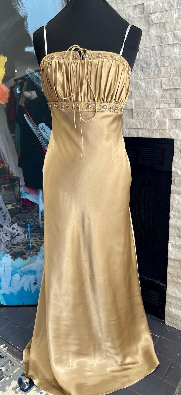 Delaru Gold Formal Dress Gown Y2K 90s Fairy Boho Beaded Size 9/10 Prom