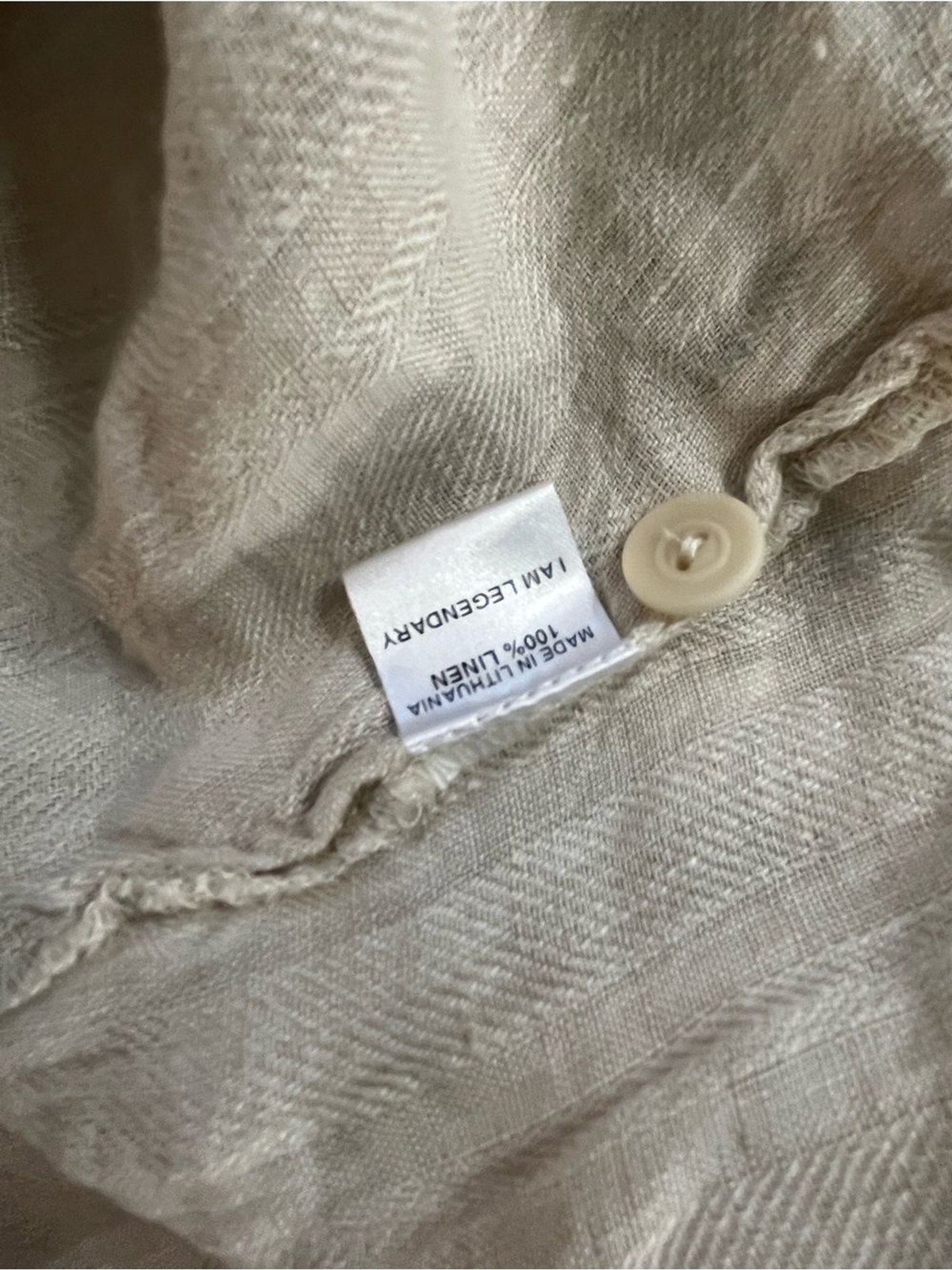 Flax Linen Button-Front Long Roll Top Sleeves Dress Coastal Beige Oversized M